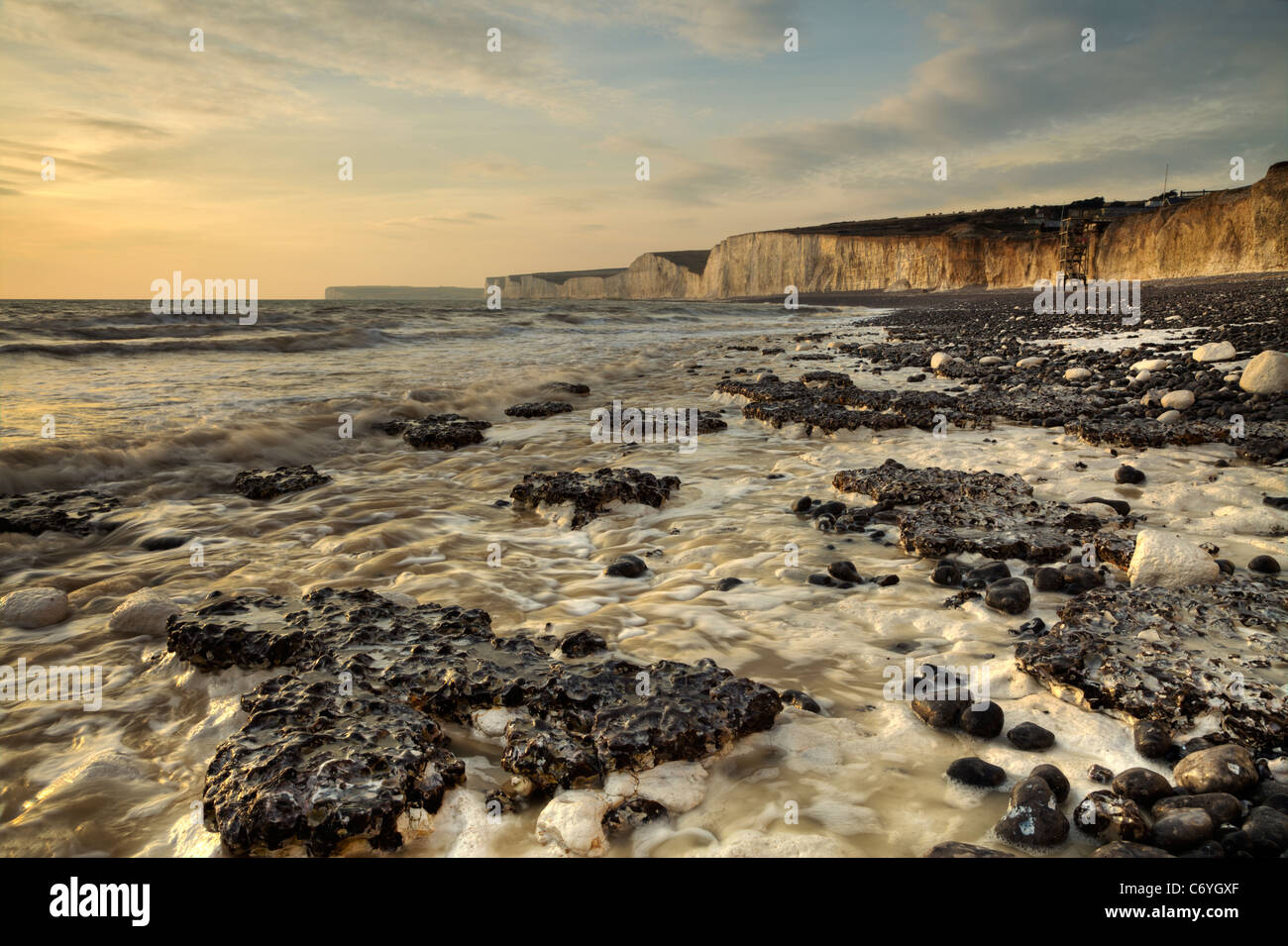 View of Seven Sisters in evening light, Burling Gap, East Sussex Stock Photo