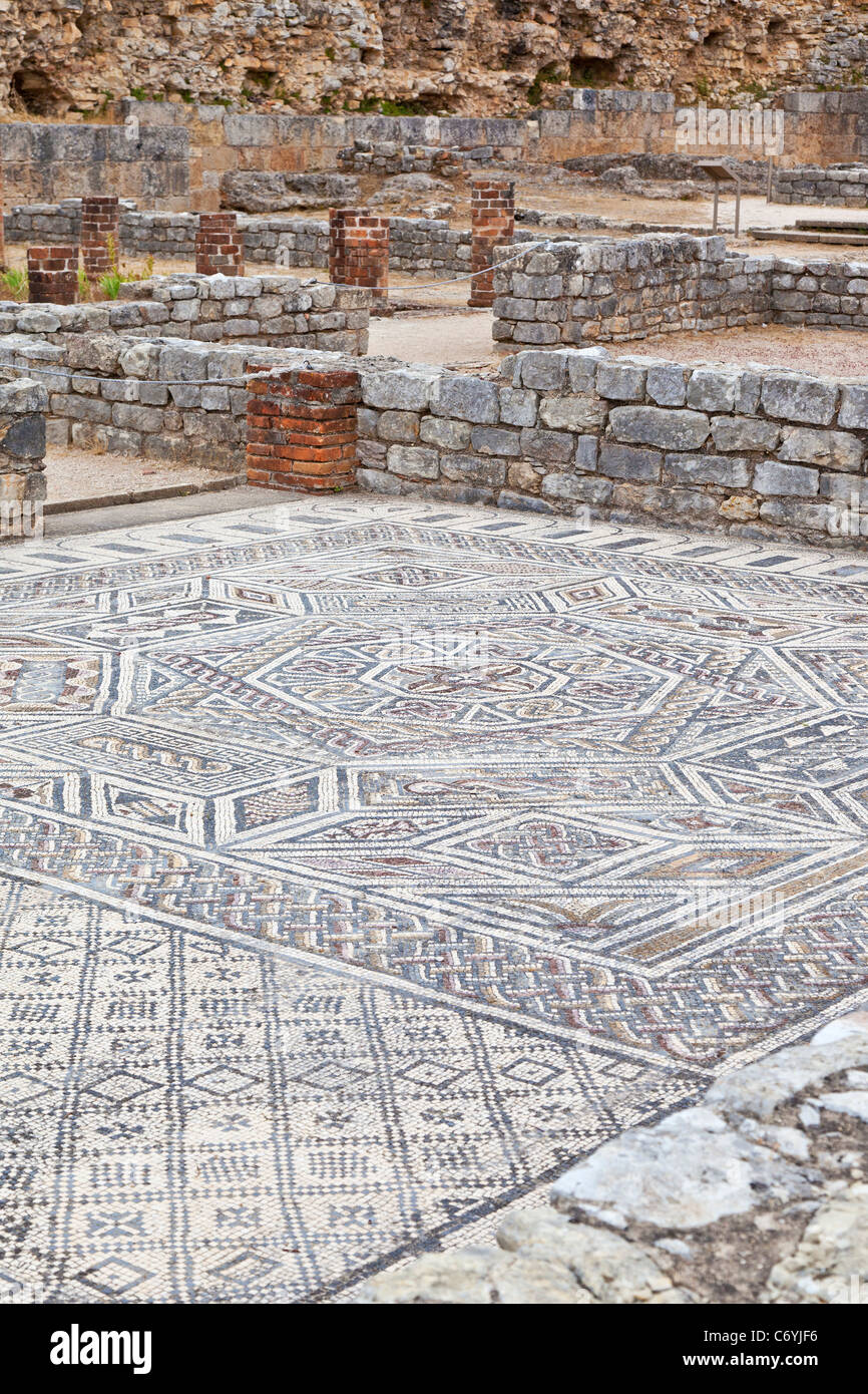 Mosaics in the House of the Skeletons Villa in Conimbriga, the best preserved Roman city ruins in Portugal. Stock Photo