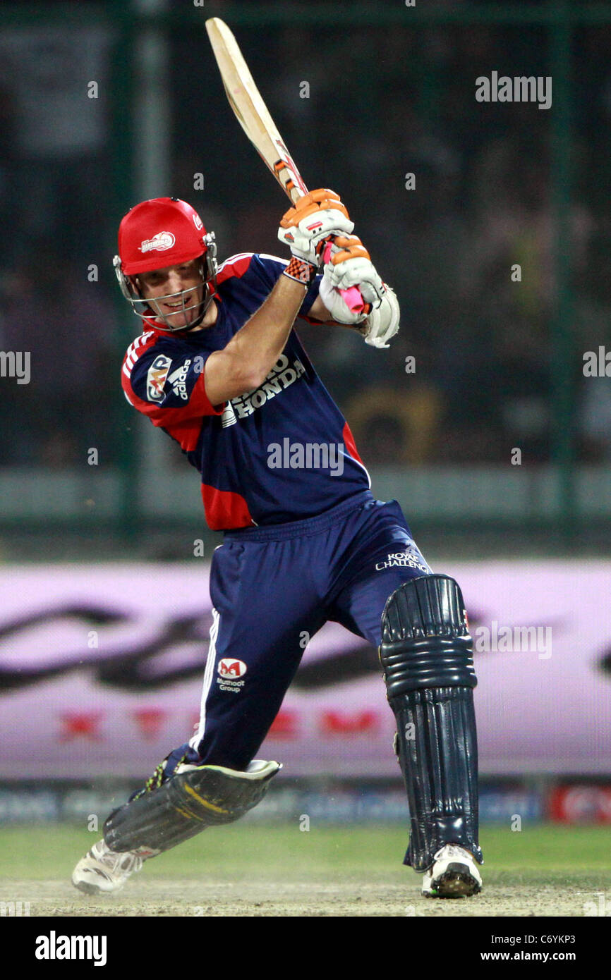 Delhi Daredevils player Andrew McDonald play a shot during the match against Rajasthan Royals at the Indian Premier League 3 Stock Photo