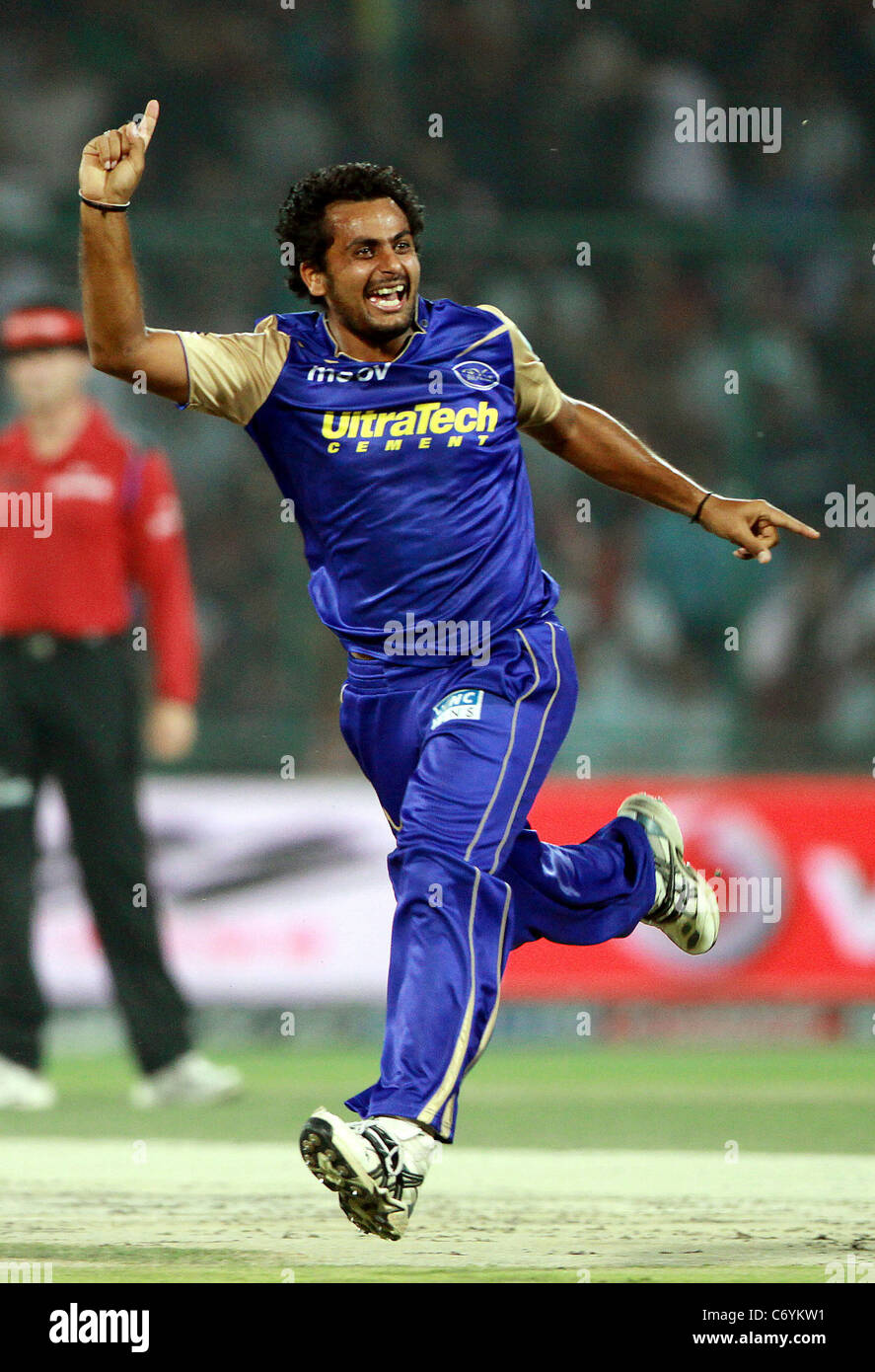 Rajasthan Royals player Sumit Narwal celebrates after taking wicket of Delhi Daredevils player Virender Sehwag at the Indian Stock Photo
