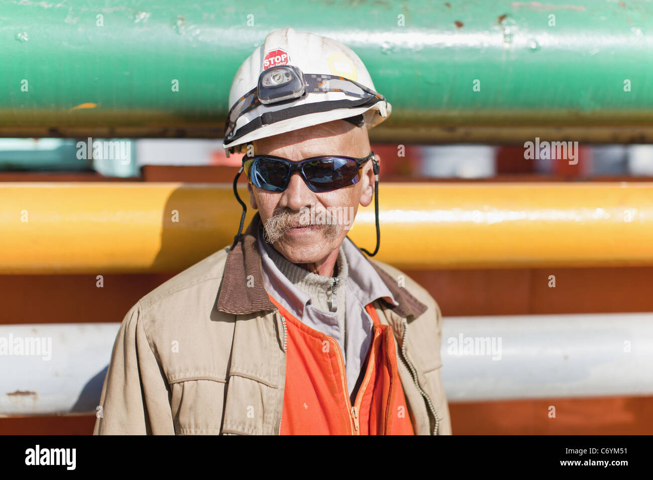 Close up of oil rig worker Stock Photo