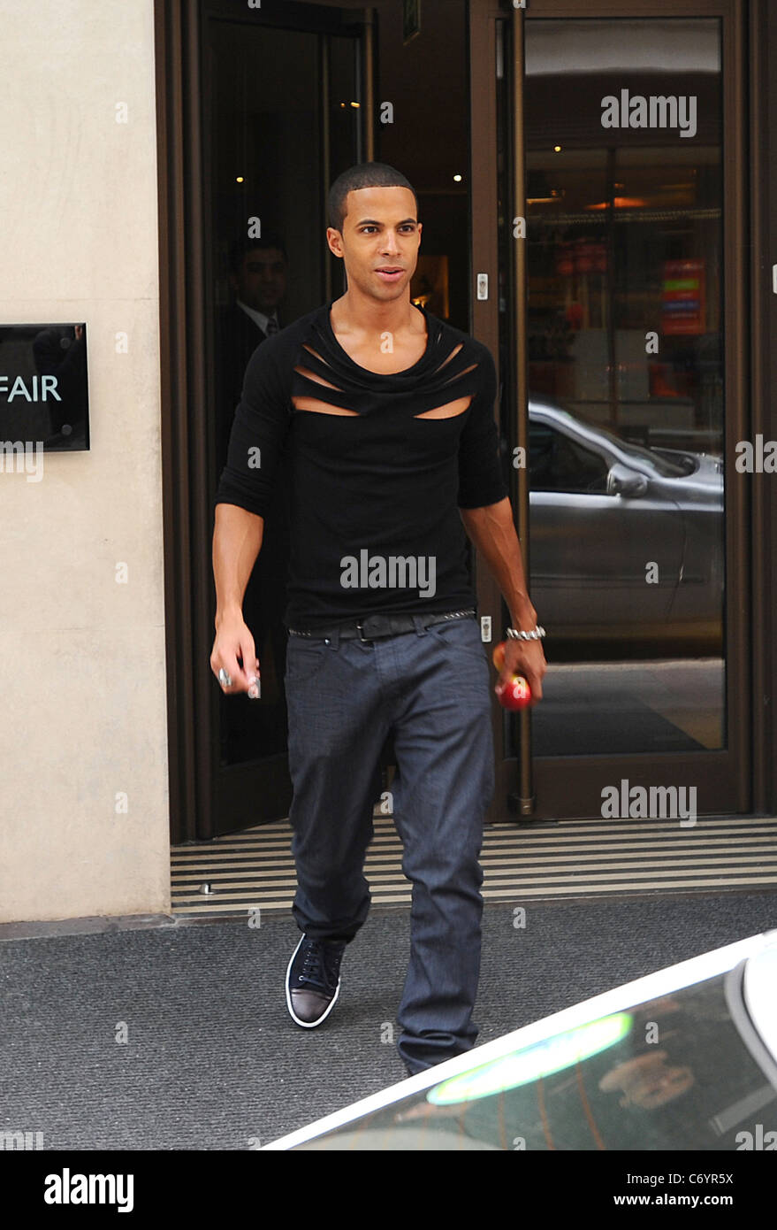 Marvin Humes of JLS leaving the May Fair Hotel on Rochelle Wiseman's birthday. The Saturdays singer was pictured leaving Stock Photo