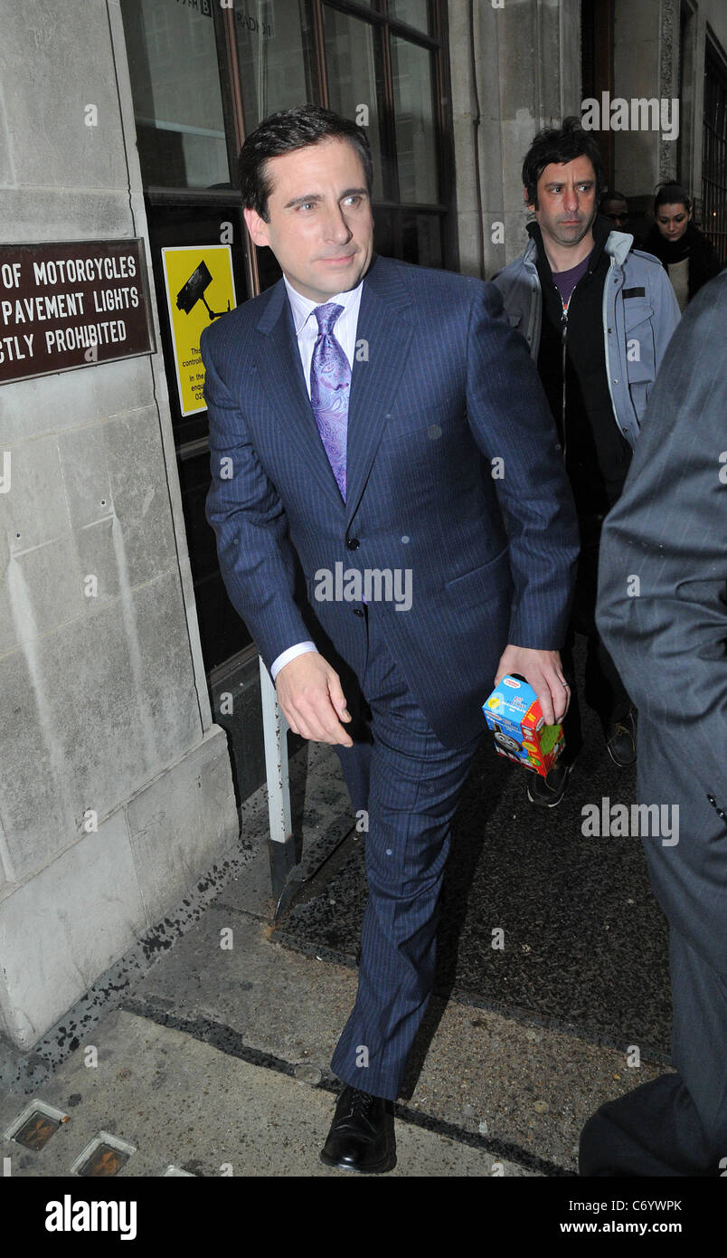 Steve Carell leaving the Radio One studios with a 'Thomas The Tank' easter egg. London, England - 01.04.10 Stock Photo