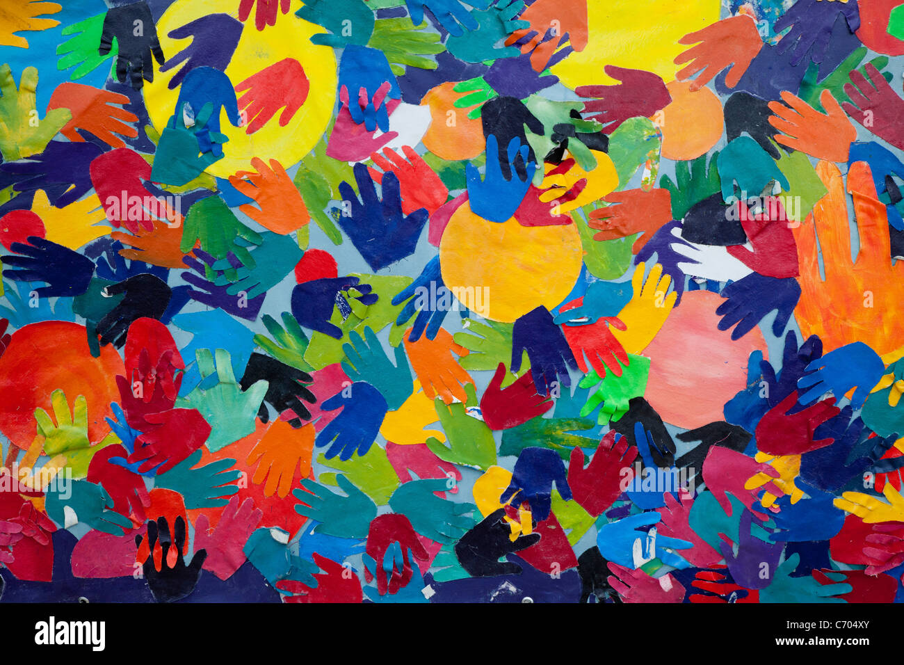 Detroit, Michigan - Artwork showing colorful hands displayed along the Detroit River Walk. Stock Photo
