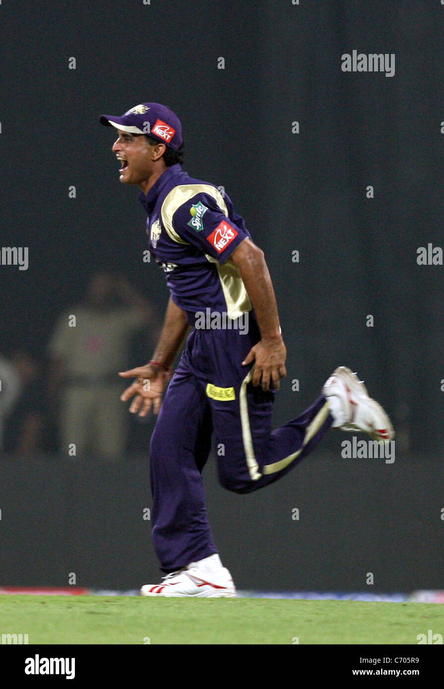 Knight Riders captain Sourav Ganguly celebrates after the wining the match against Deccan Chargers during the Indian Premier Stock Photo