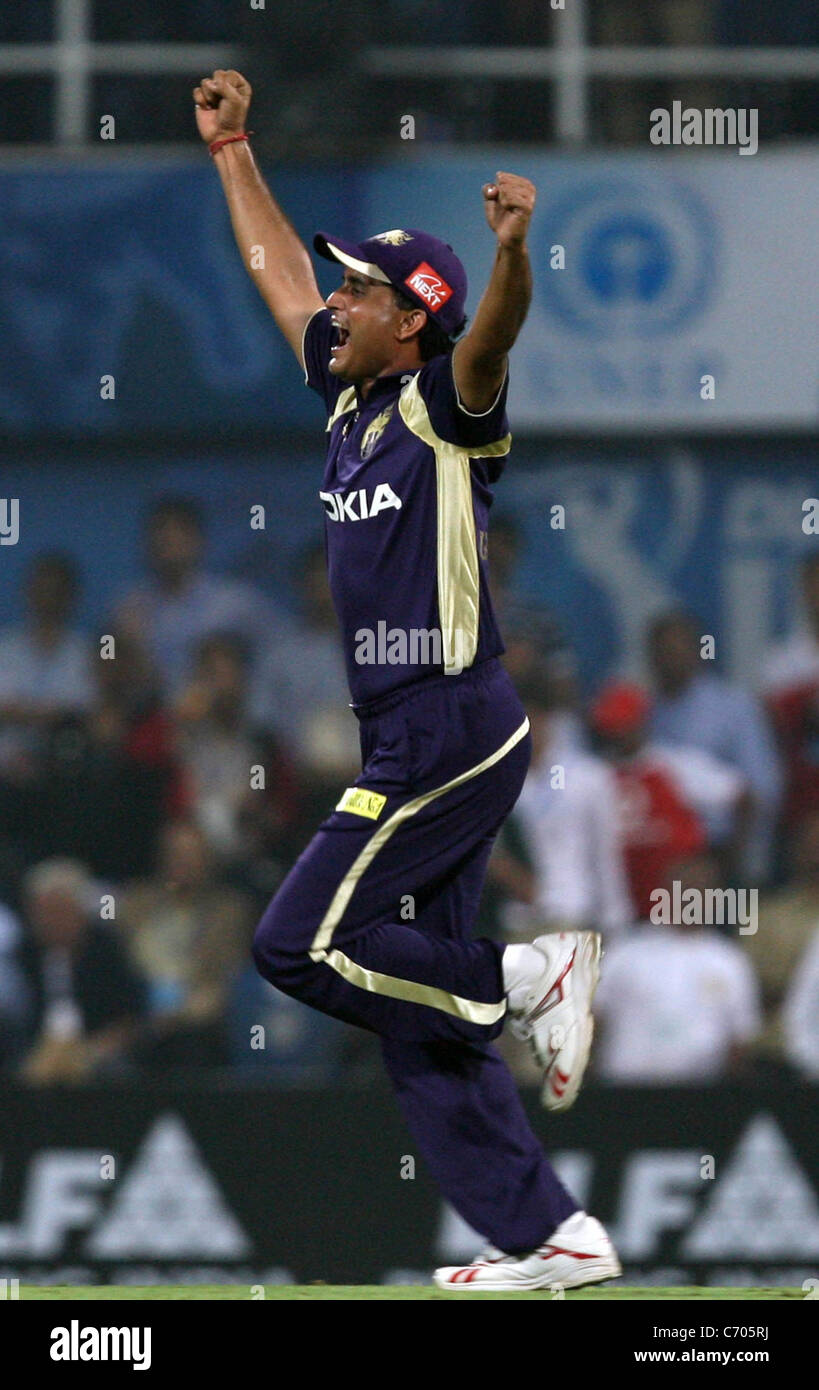 Knight Riders captain Sourav Ganguly celebrates after the wining the match against Deccan Chargers during the Indian Premier Stock Photo