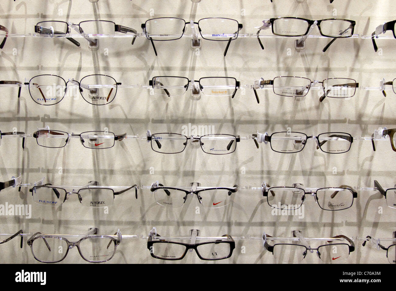Eyeglasses, spectacles, on display at eye doctor office Stock Photo Alamy