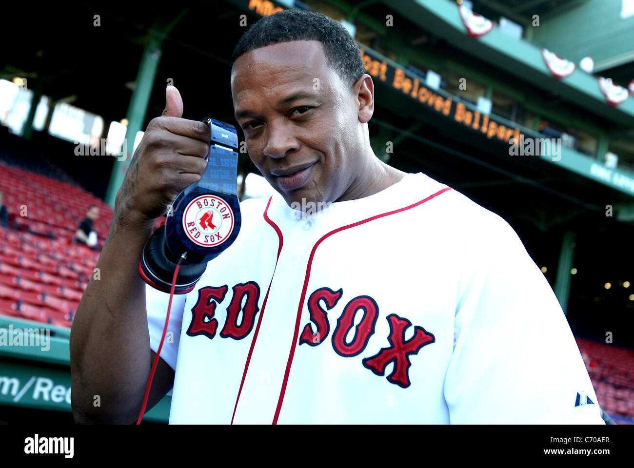Producer and Rapper Dr. Dre unveils new "Beats by Dr.Dre" headphones during Opening Day at Fenway Park of the Boston Red Stock - Alamy