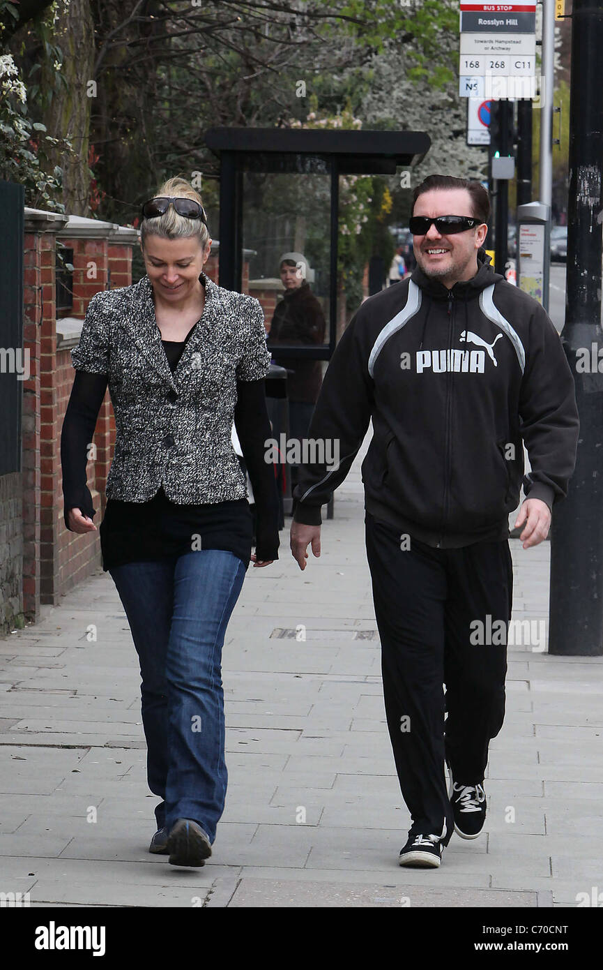 Ricky Gervais and Jane Fallon out and about in Hampstead London