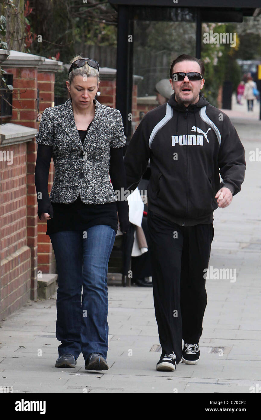 Ricky Gervais and Jane Fallon out and about in Hampstead London