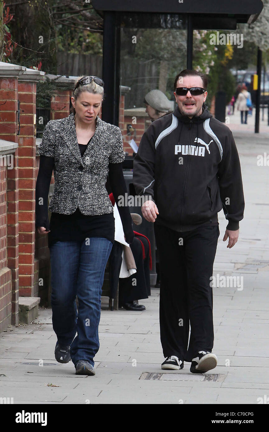 Ricky Gervais and Jane Fallon out and about in Hampstead London