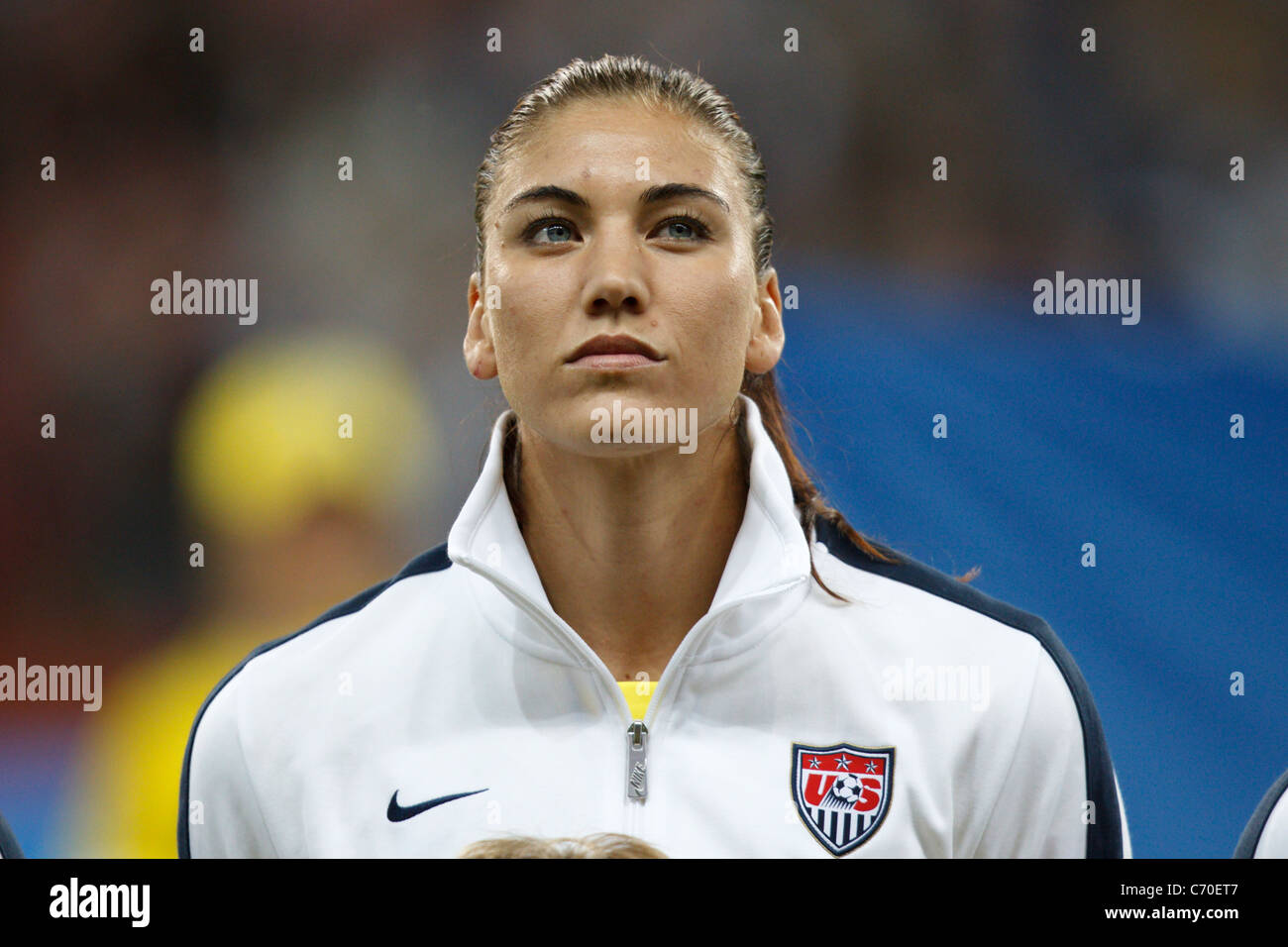 United States goalkeeper Hope Solo stands during team introductions prior to the 2011 FIFA Women's World Cup final against Japan Stock Photo