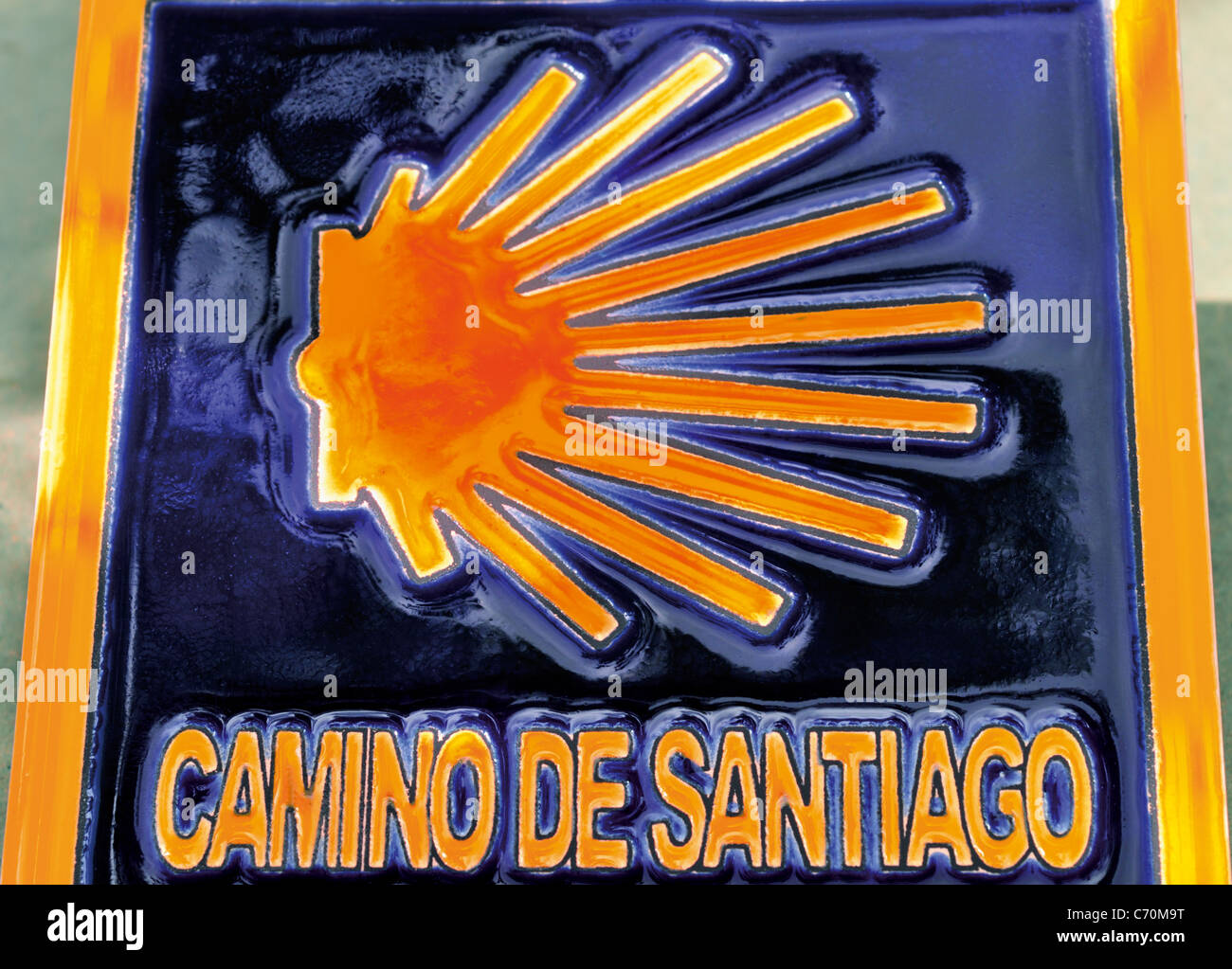 Spain, St. James Way: Souvenir tile with the St. James shell as direction indication Stock Photo