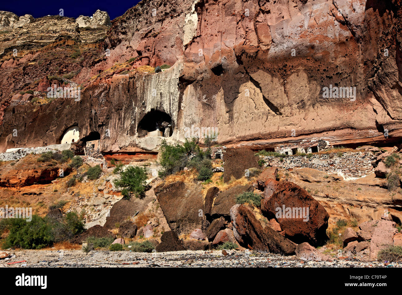 The 'cavechurch' Christos T' Athermi' ('Christ on the Thermal Baths') on the vertical walls of the Caldera, Santorini, Greece Stock Photo