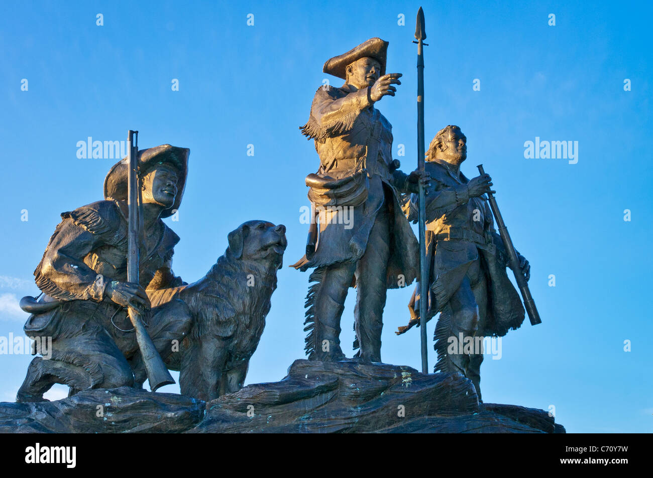'Explorers at the Portage' bronze statue by sculptor Bob Scriver, in Broadwater Overlook Park, Great Falls, Montana. Stock Photo