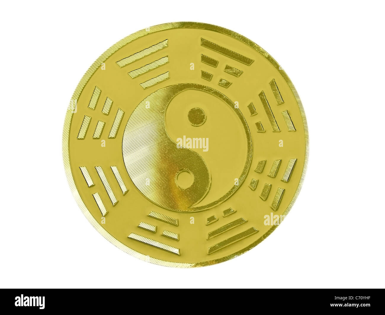golden-color  yin yang with trigrams Stock Photo