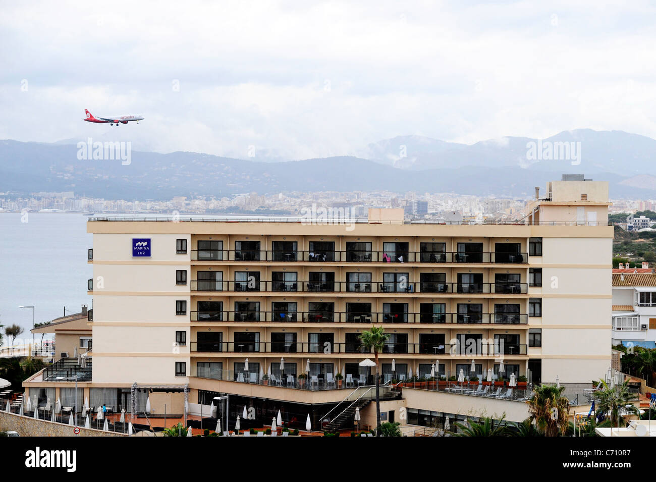 An Air Berlin aircraft coming in to land at Palma airport, Mallorca. Stock Photo