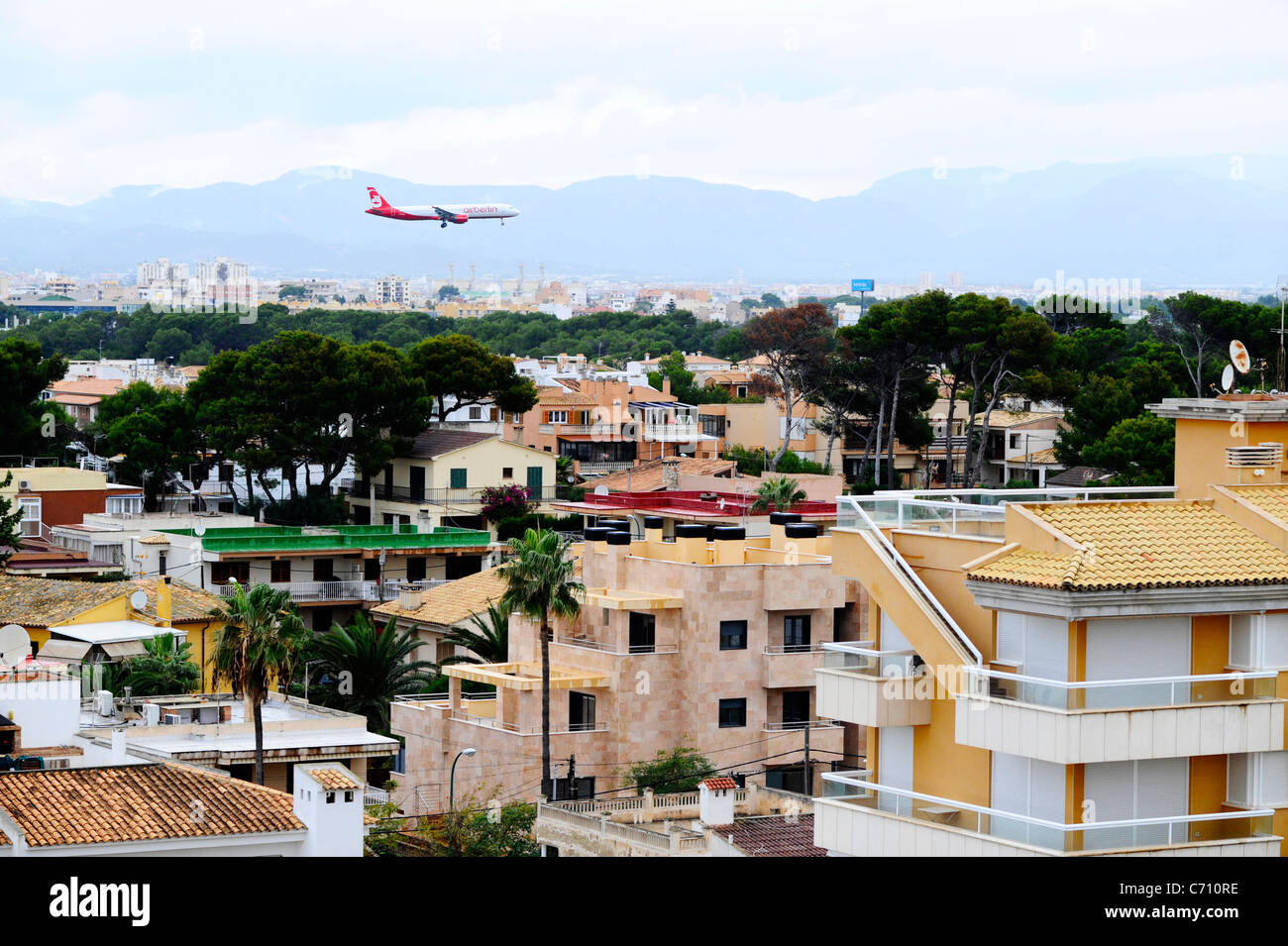 An Air Berlin aircraft coming in to land at Palma airport, Mallorca. Stock Photo