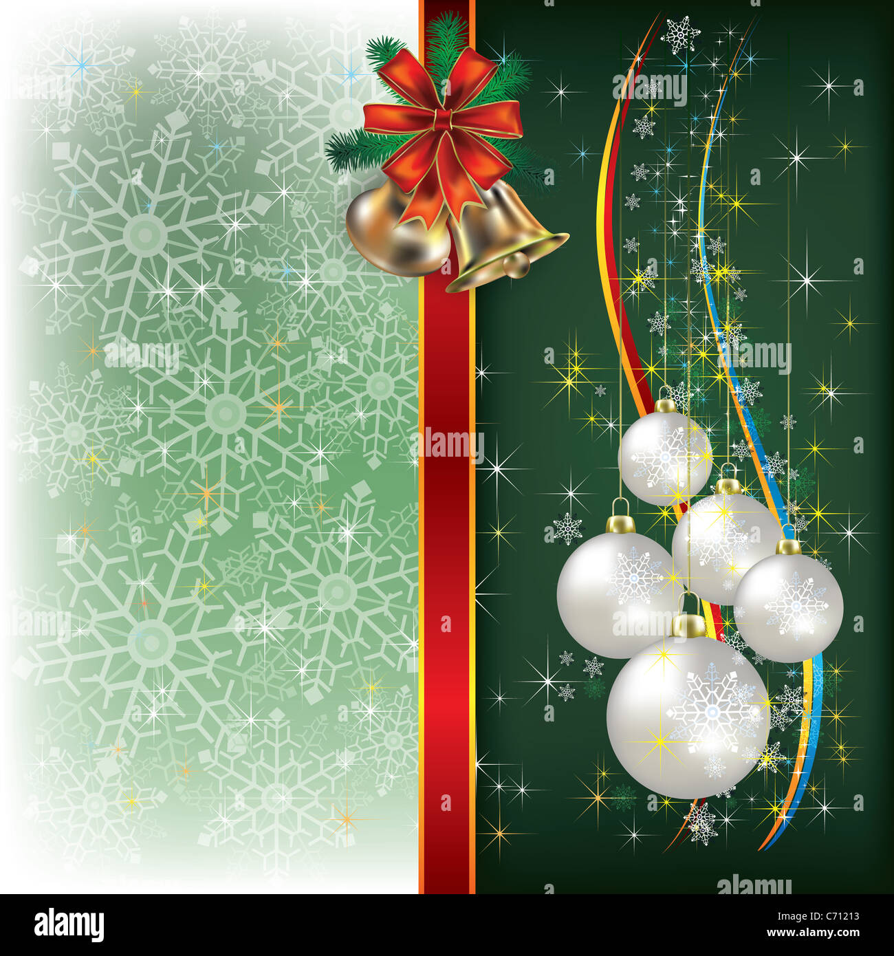 Abstract Christmas green background with decorations and bells Stock ...