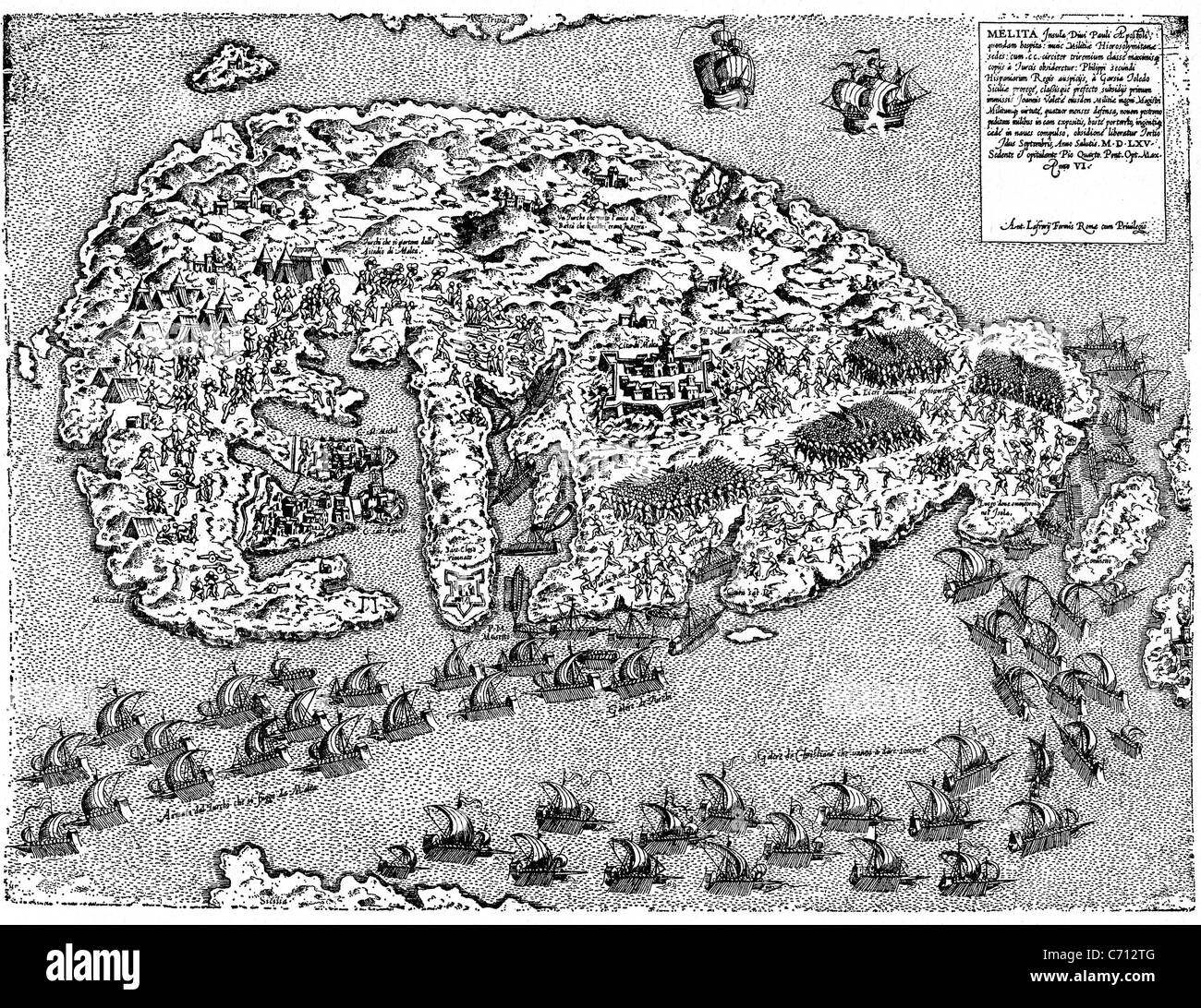 MALTA in a 1565 woodcut showing Spanish troops at right relieving the Knights Hospitaller from their