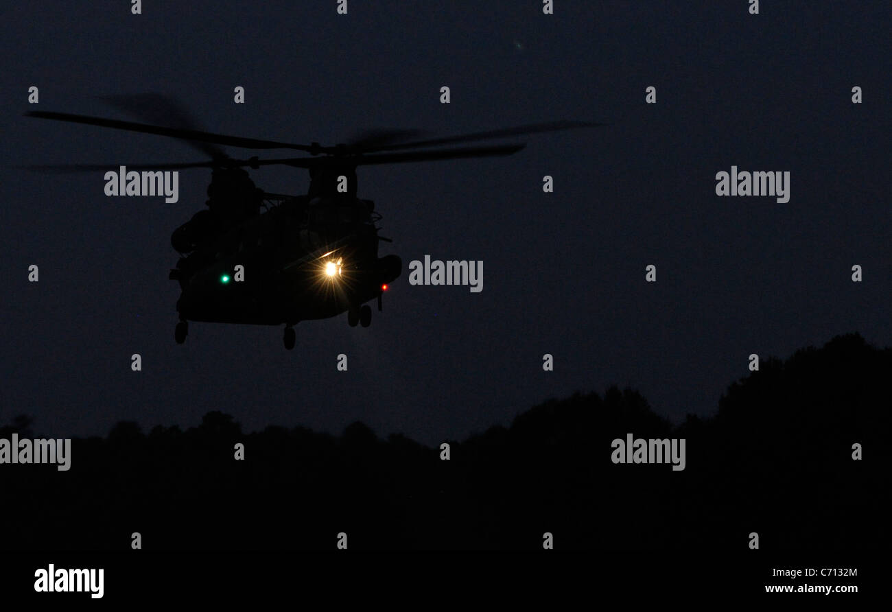 A U.S. Army CH-47 Chinook helicopter readies for Soldiers assigned to the 4th Battalion, 10th Special Forces Group to fast rope from it near Tallahassee Regional Airport, Fla., before Emerald Warrior 2011 March 2, 2011. Emerald Warrior is an annual two-week joint/combined tactical exercise sponsored by U.S. Special Operations Command to provide realistic training opportunities to conventional and special operations forces. (U.S. Air Force photo by Senior Airman Staci Miller/Released) Stock Photo