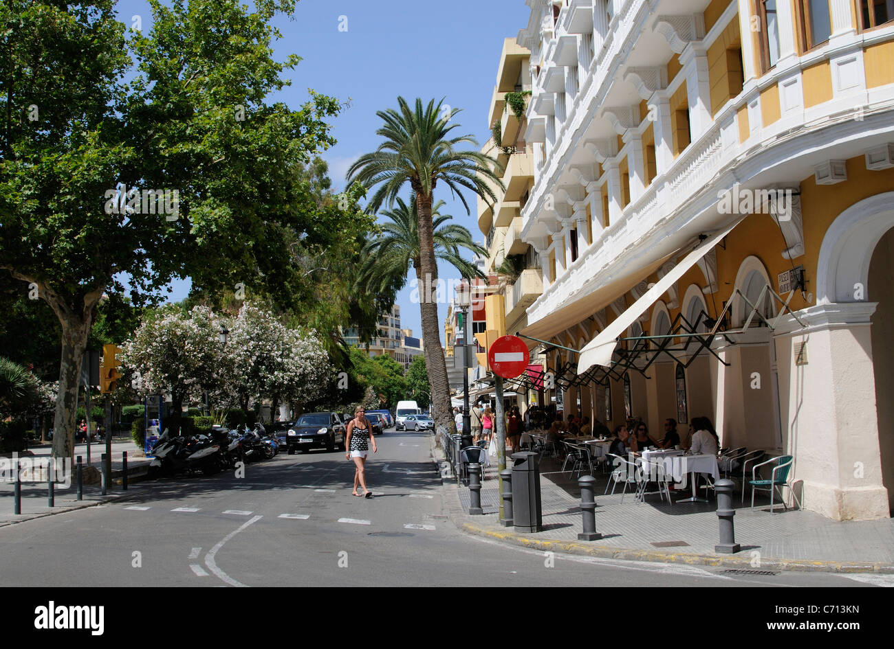 Tree lined street in town centre of Eivissa Ibiza island Spain Stock Photo