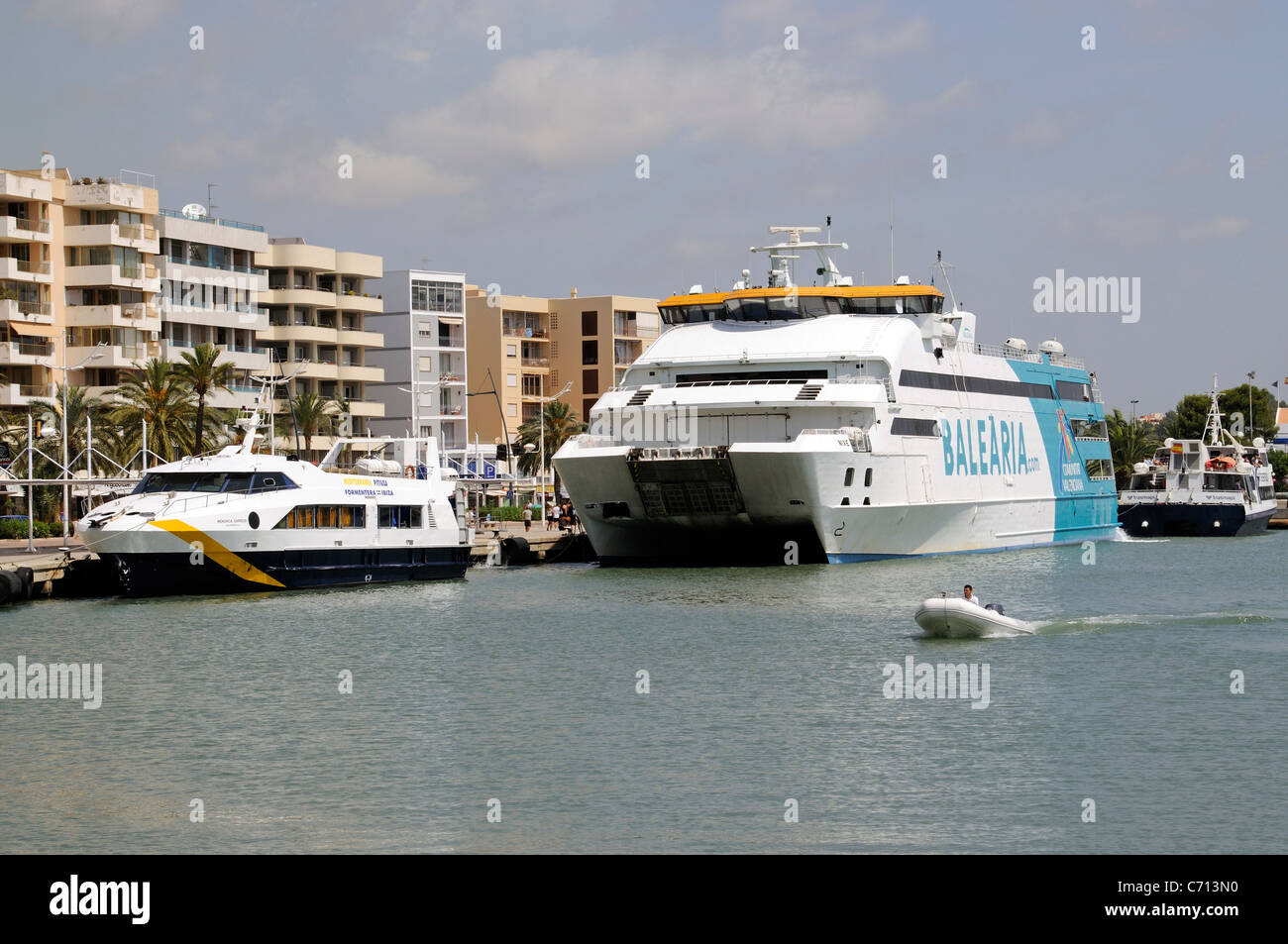 Ferries berthed alongside Eivissa harbour on island Spain Stock