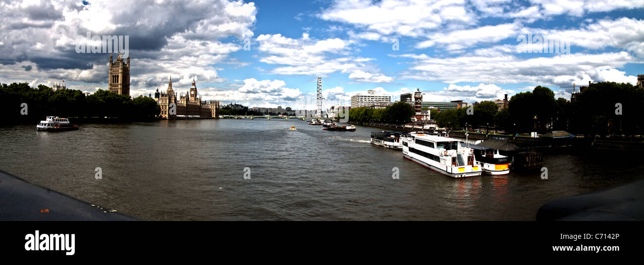 A Panoramic of London looking back down the river Themes at Big Ben. Stock Photo