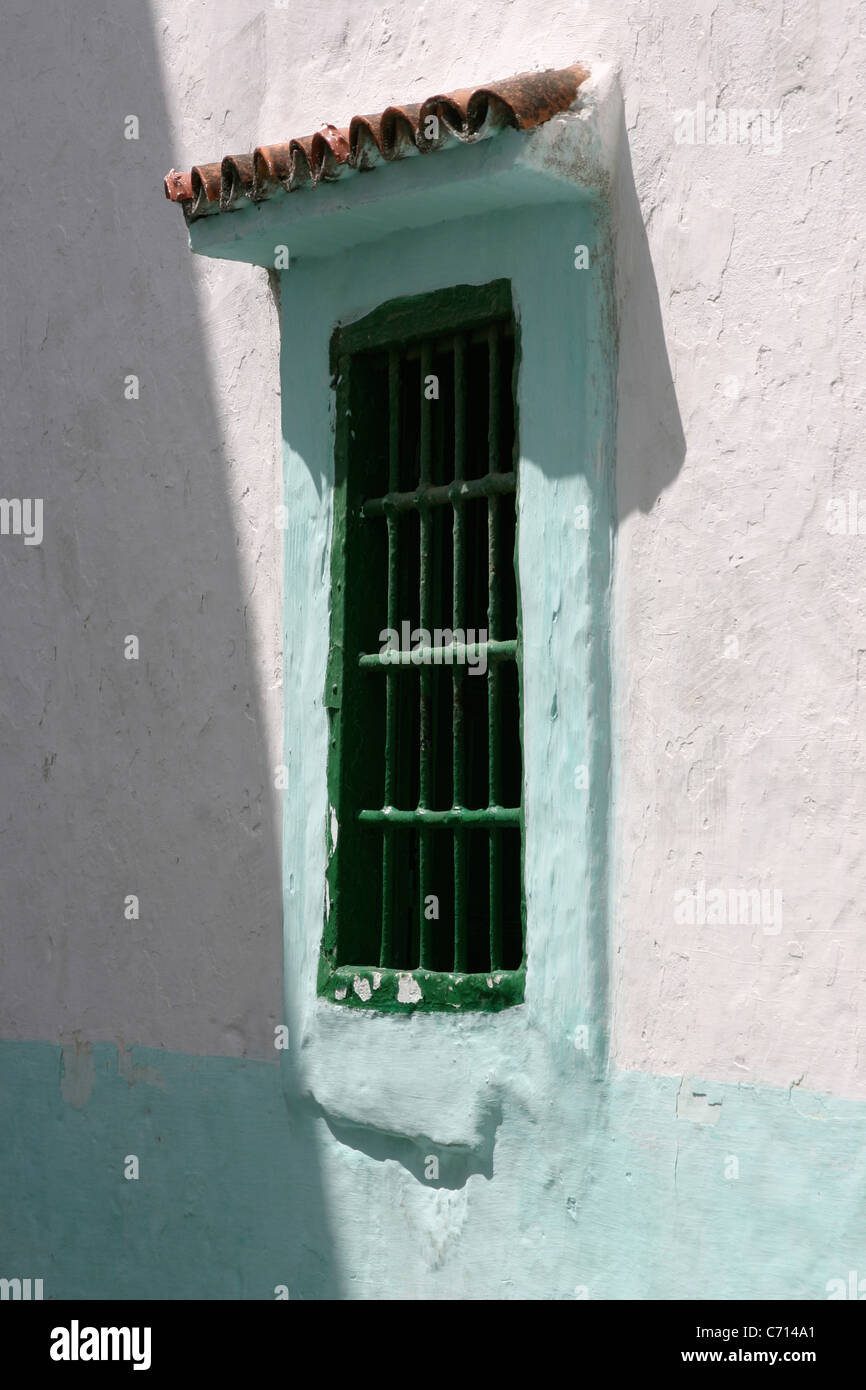 turquoise window in the madina, Tangier, Morocco, Africa Stock Photo