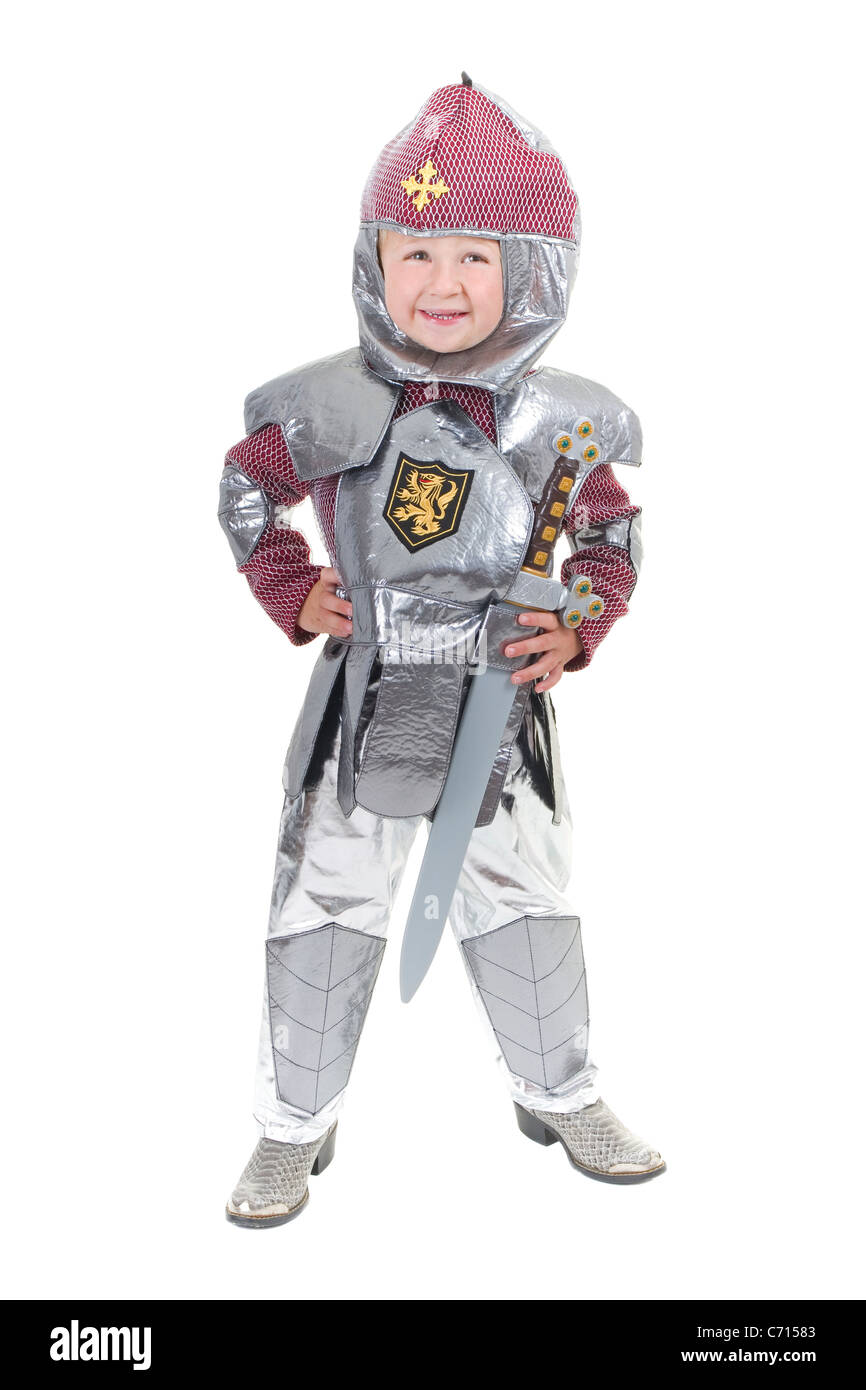 Adorable little boy dresses up and pretends to be medieval renaissance ...