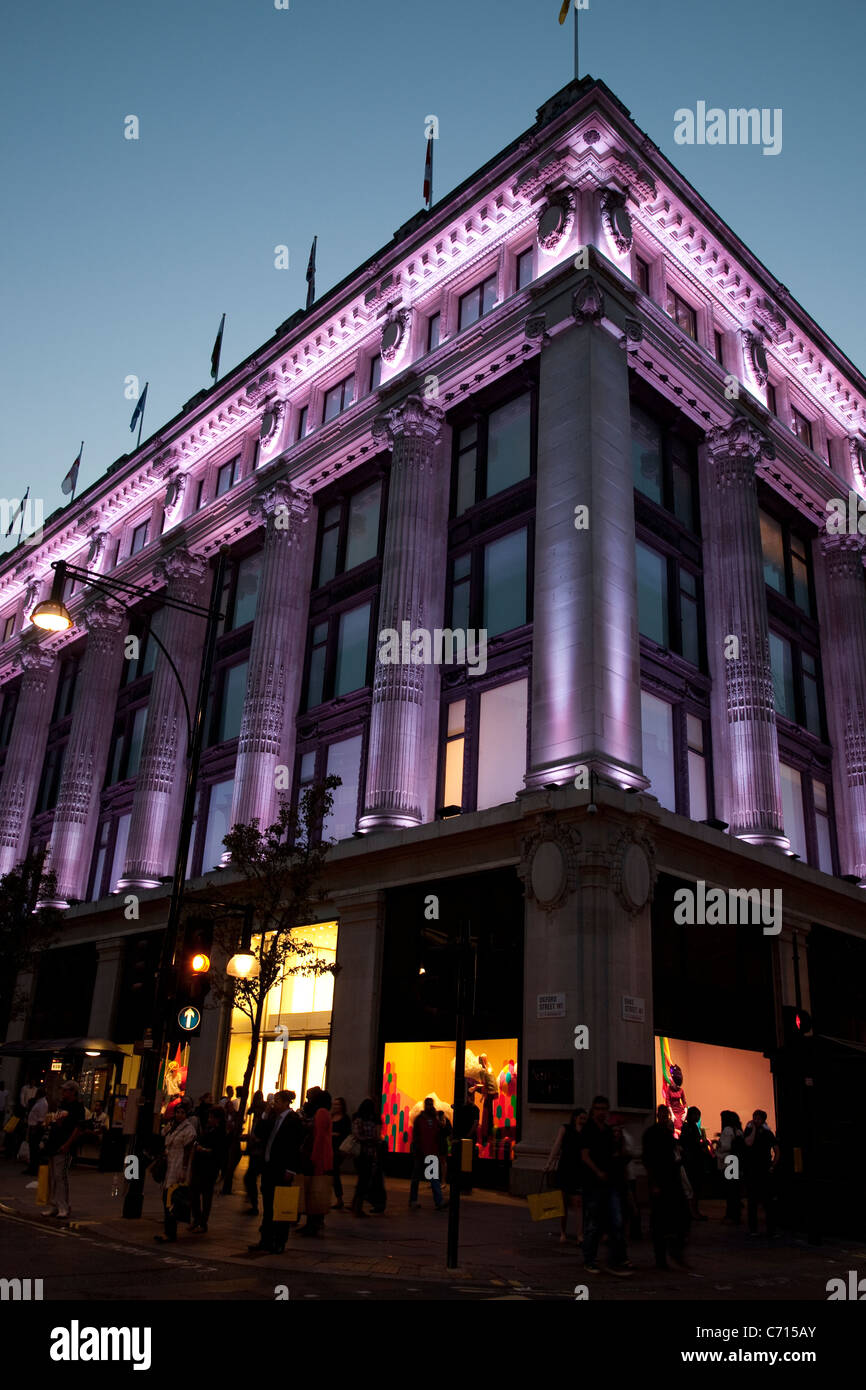 Selfridges Department Store on Oxford Street, illuminated at night in