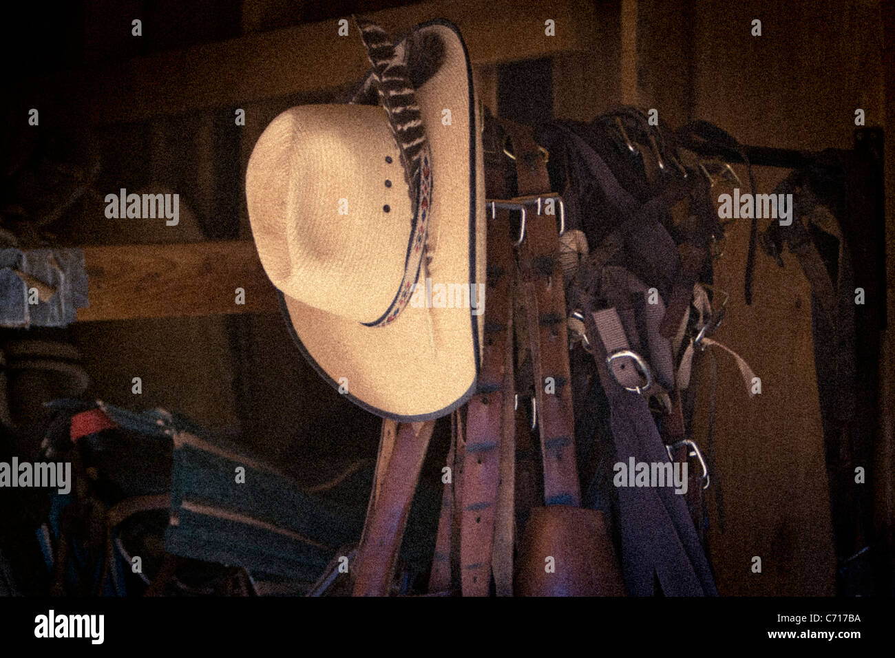 Cowboy hat hanging with bunch of belts Stock Photo Alamy