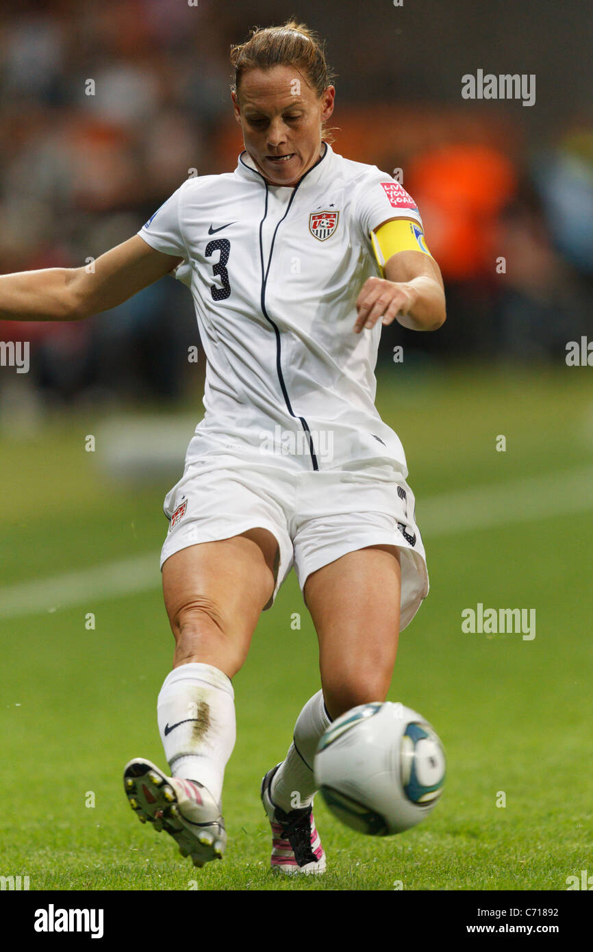 United States team captain Christie Rampone kicks the ball during the FIFA Women's World Cup final against Japan July 17, 2011. Stock Photo