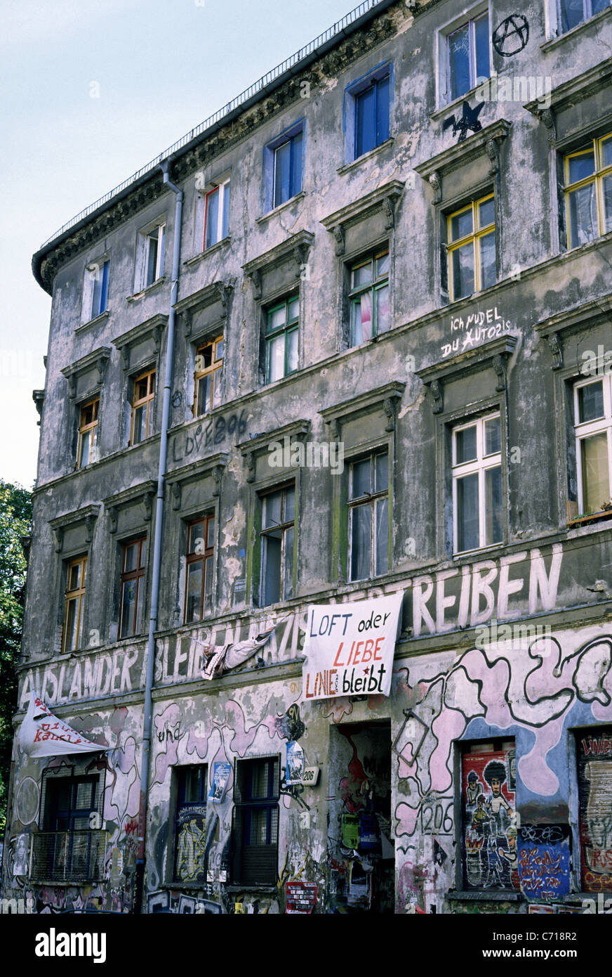 One of the few remaining squatted apartment buildings in Mitte district of Berlin. Stock Photo