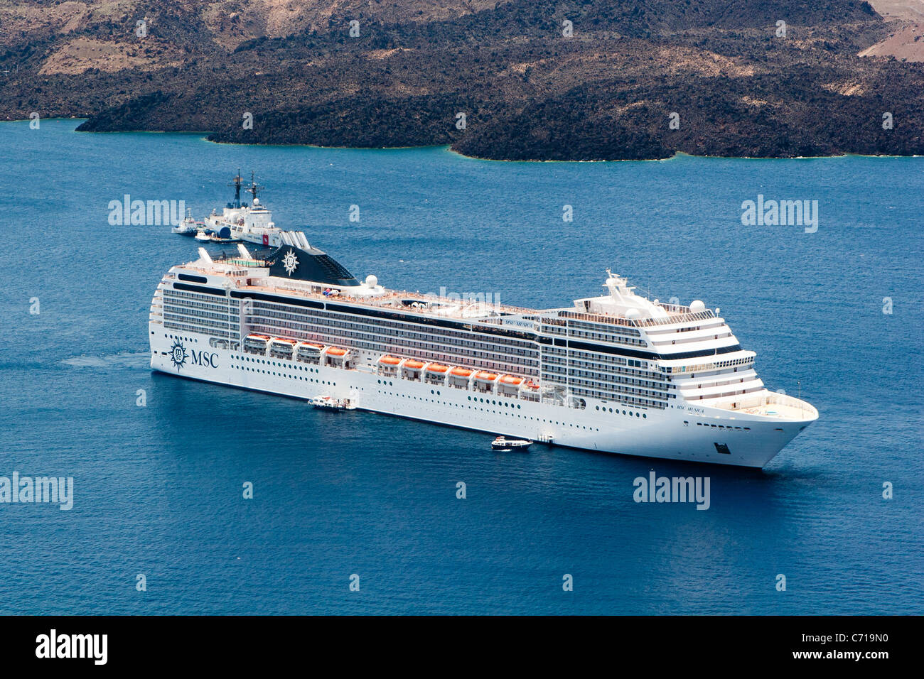 MSC Musica cruise liner approaching Fira Santorini Stock Photo Alamy