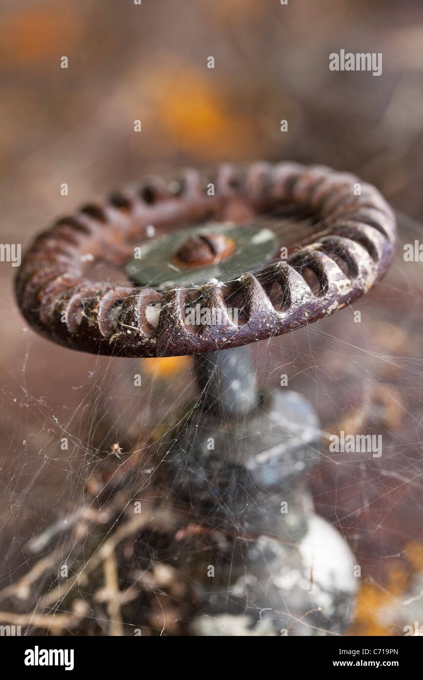 Rusted old shut off valve on an antique boiler. Stock Photo