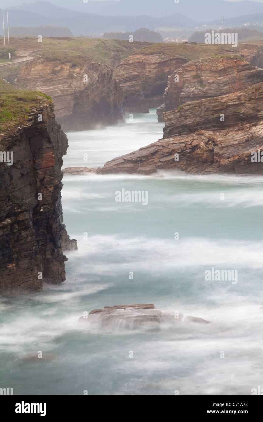 Dawn at beach of the cathedrals - Praia As Catedrais -, Ribadeo, Lugo, Galicia, Spain Stock Photo