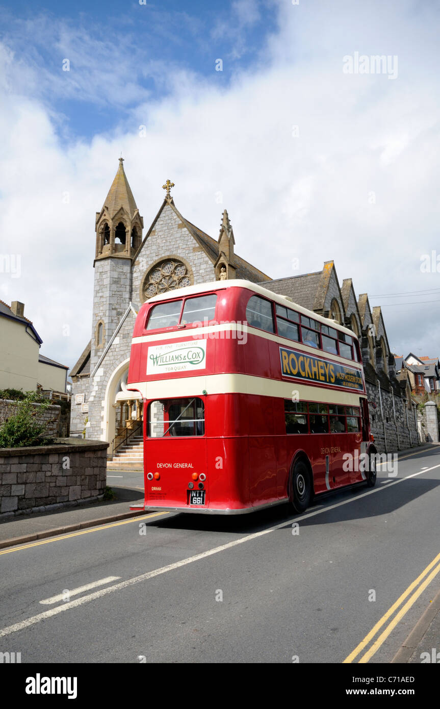 Classic Devon General Double Decker Bus travelling through Teignmouth in Devon Stock Photo