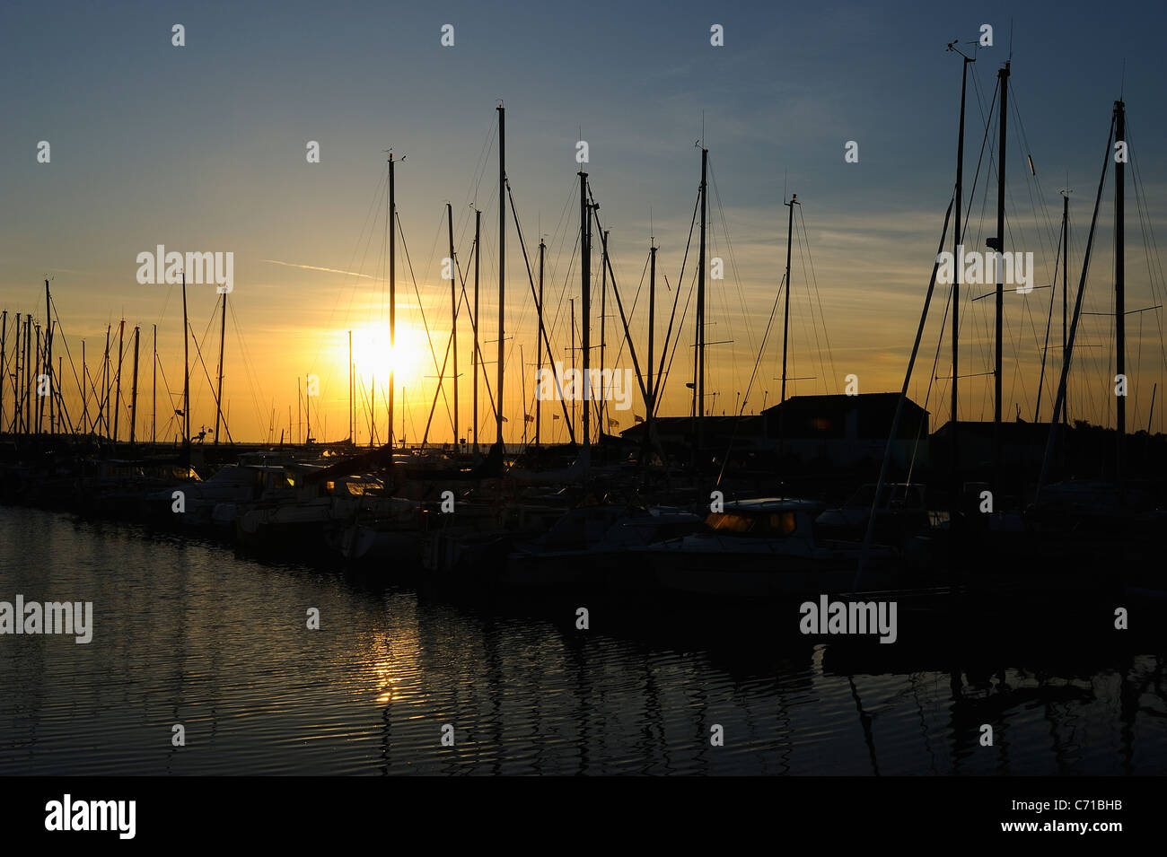 Sailing boats moored in Ars en Ré harbor at sunrise, Charente Maritime department, West of France Stock Photo