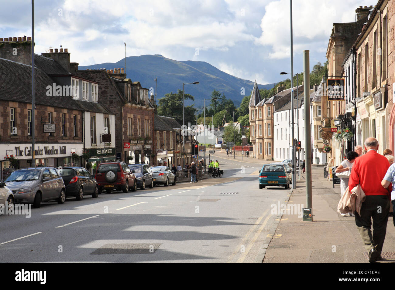 A view along the Main Street in Callander, Perthshire, Scotland, UK Stock Photo