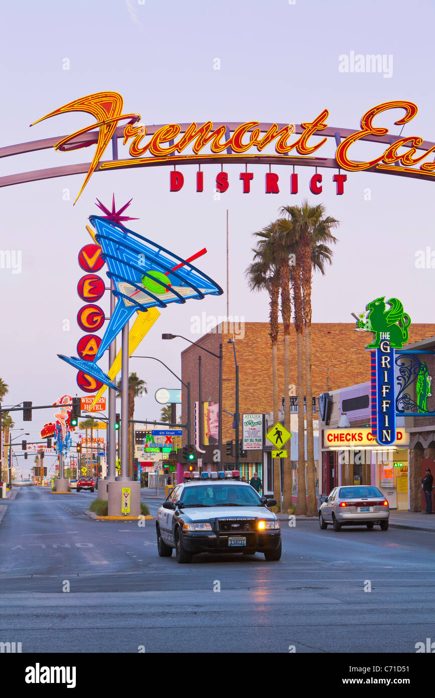 United States of America, Nevada, Las Vegas, Downtown, Fremont East Area, Neon Vegas sign, dusk Stock Photo