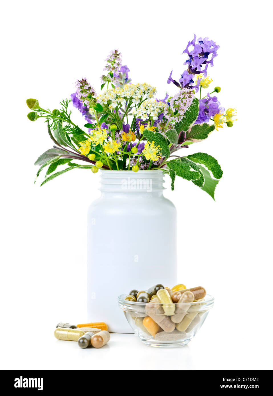 Herb plants with mix of alternative medicine herbal supplements and pills Stock Photo