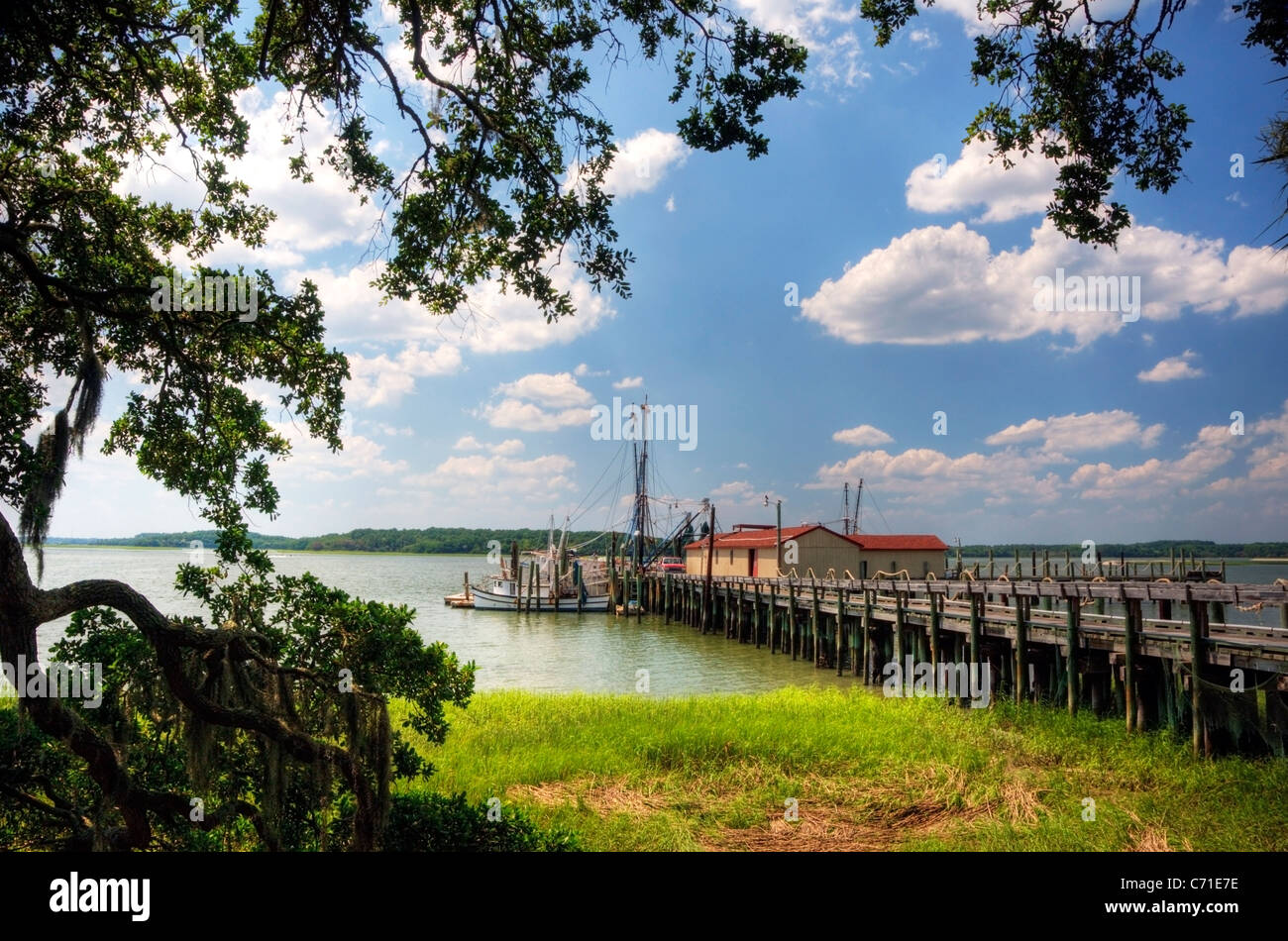Shrimp boats are docked at the end of a pier on the Intracoastal