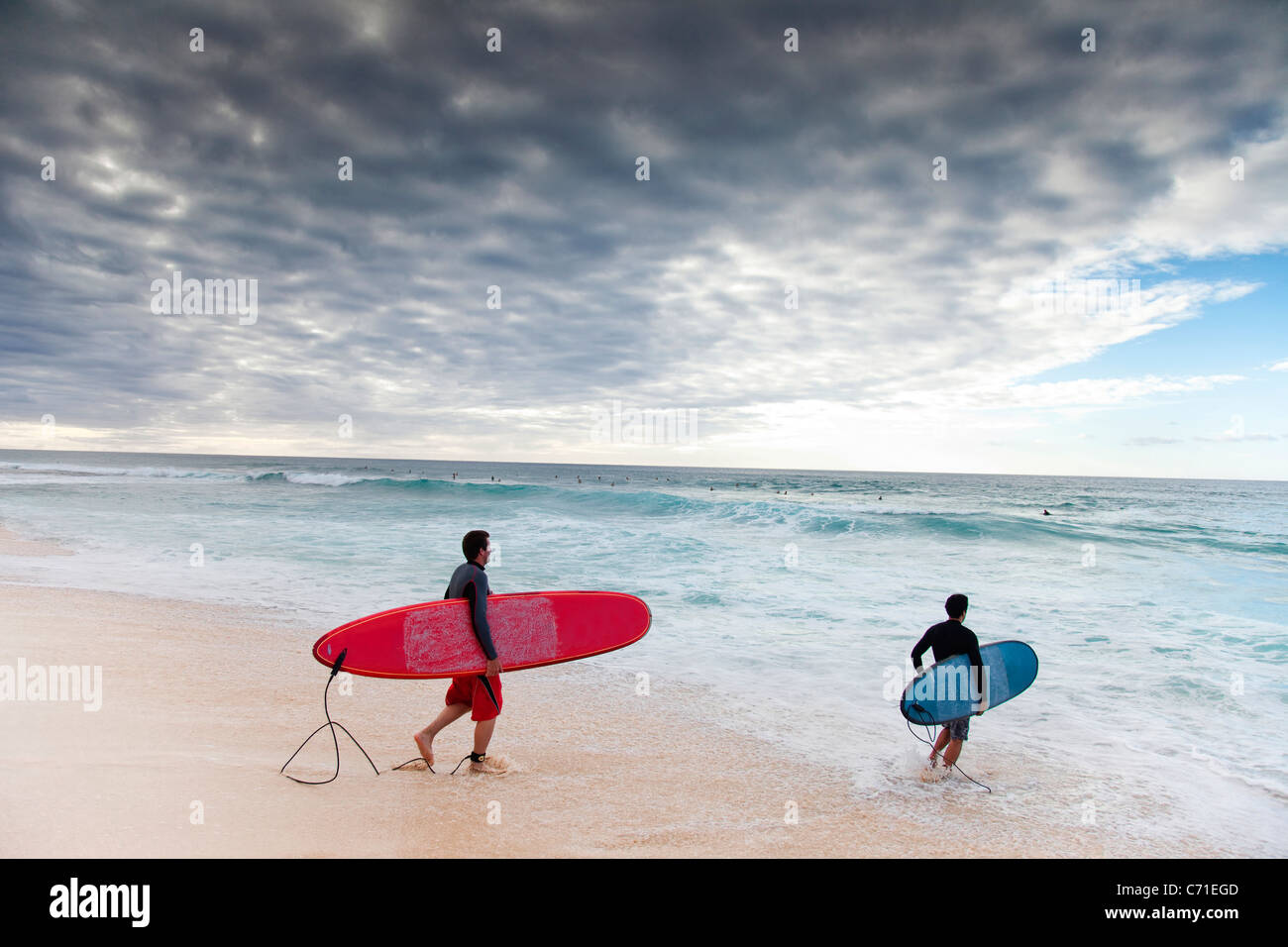2 longboard surfers entering the water in Hawaii. Stock Photo