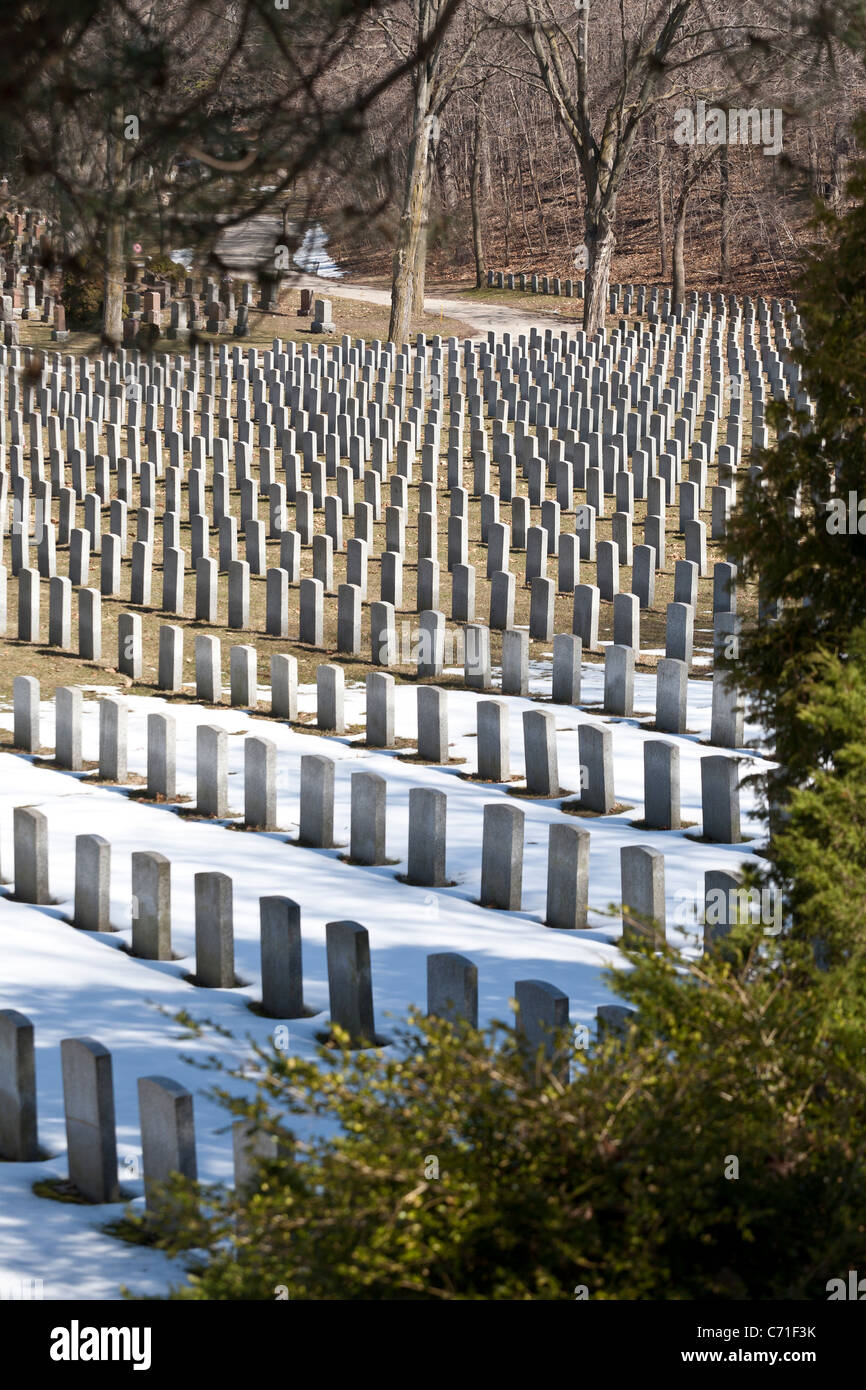 Row on Row from on high. In Bayview Cemetery's military section grey granite headstones mark the graves Stock Photo