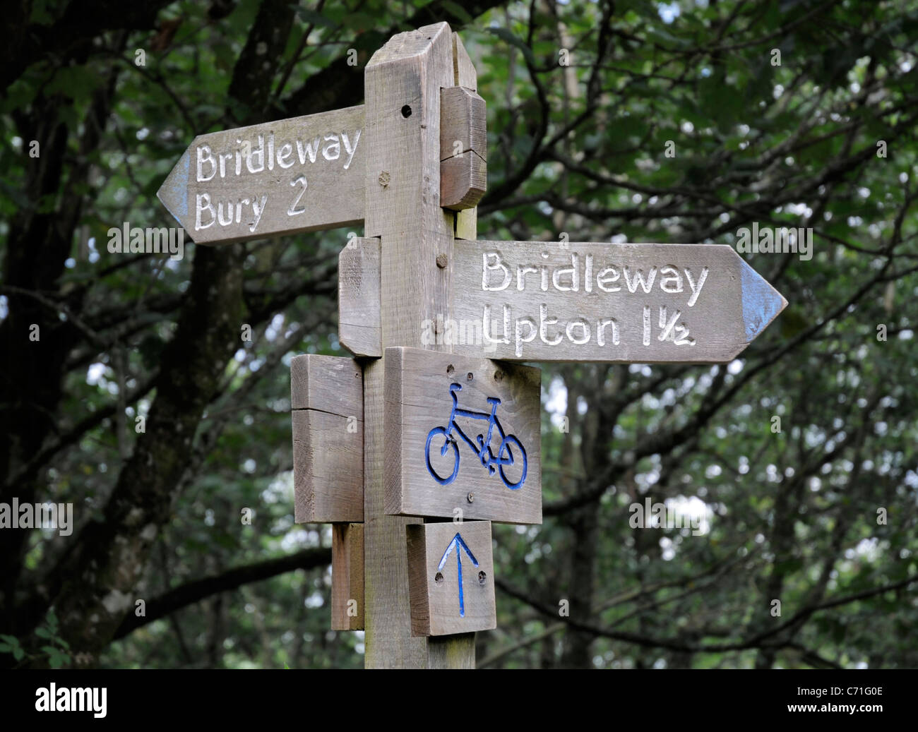 Bridleway Signpost to Bury and Upton Stock Photo
