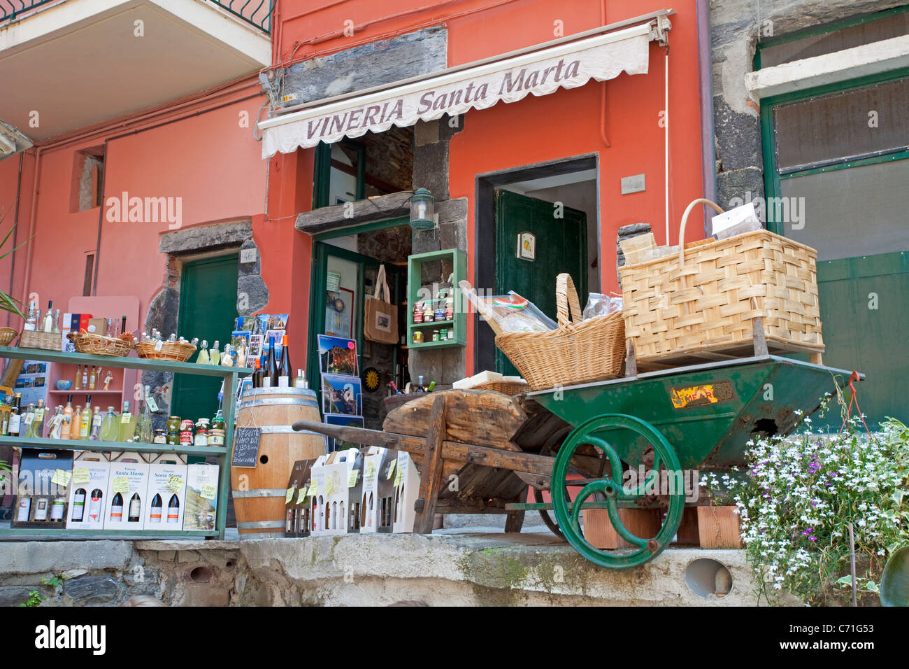 Wine and liqueur shop, fishing village Vernazza, National park Cinque Terre, Unesco World Heritage site, Liguria di Levante, Italy, Mediterranean sea Stock Photo