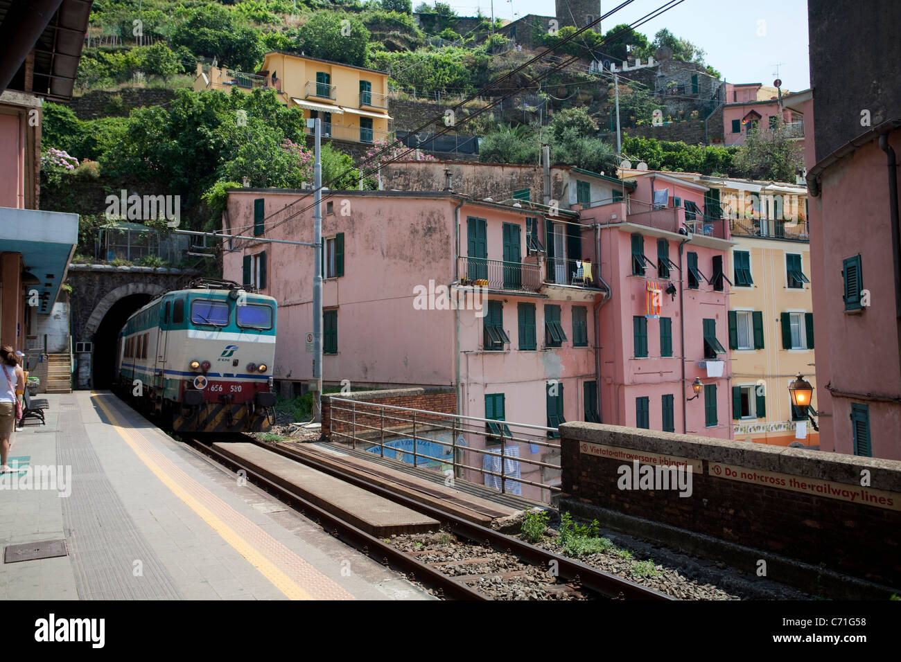 Railway at rail station at village Vernazza, National park Cinque Terre, Unesco World Heritage site, Liguria di Levante, Italy, Mediterranean sea Stock Photo