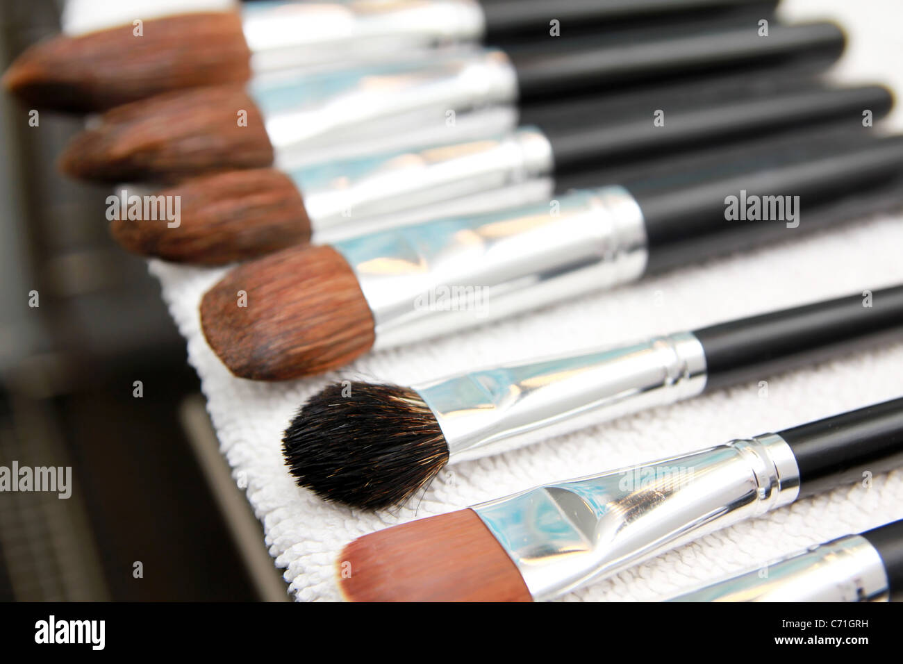 Set of wet makeup brushes, drying on white towel Stock Photo Alamy