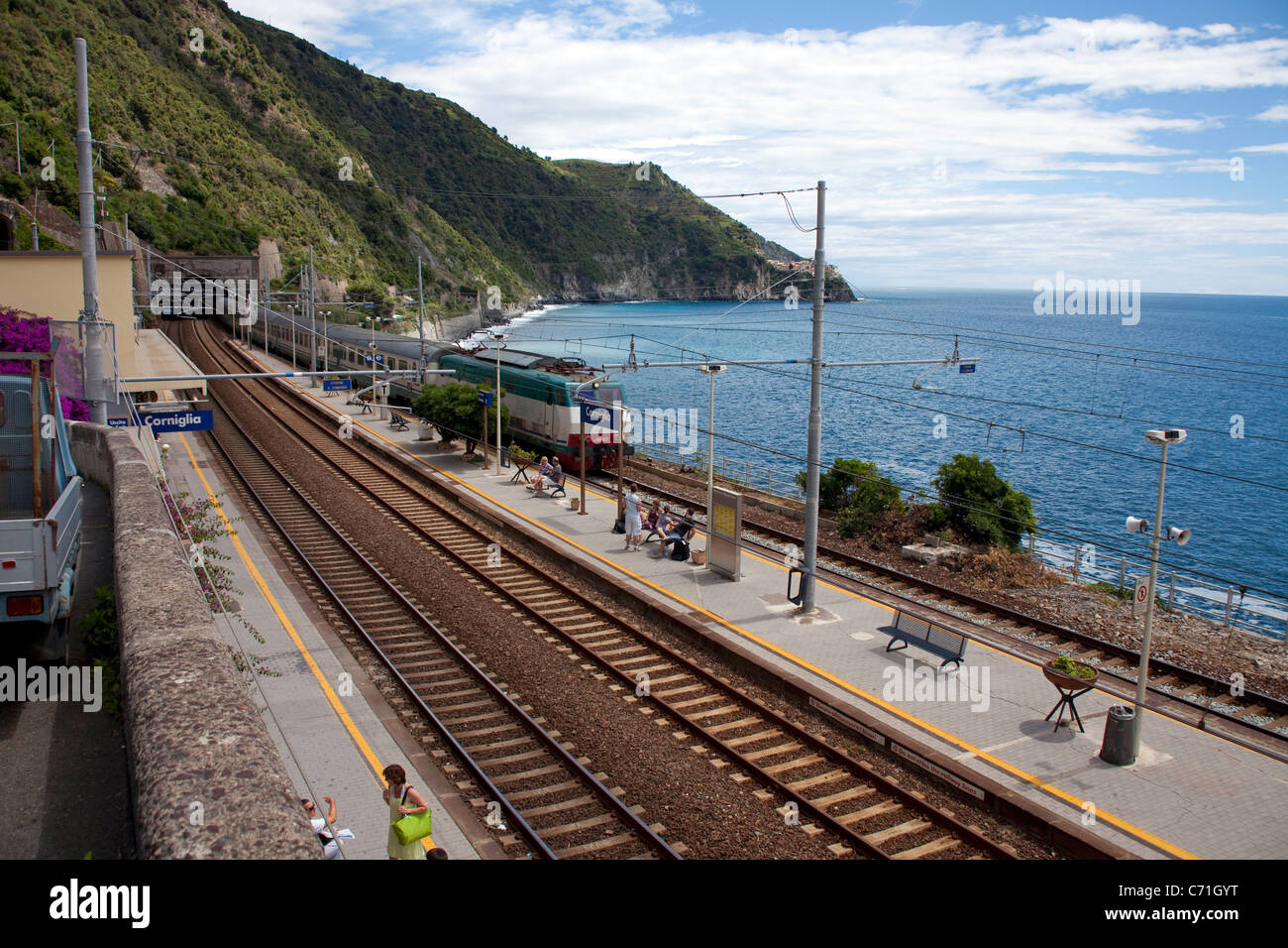 Cinque Terre railway at Corniglia, National park Cinque Terre, Unesco World Heritage site, Liguria di Levante, Italy, Mediterranean sea, Europe Stock Photo